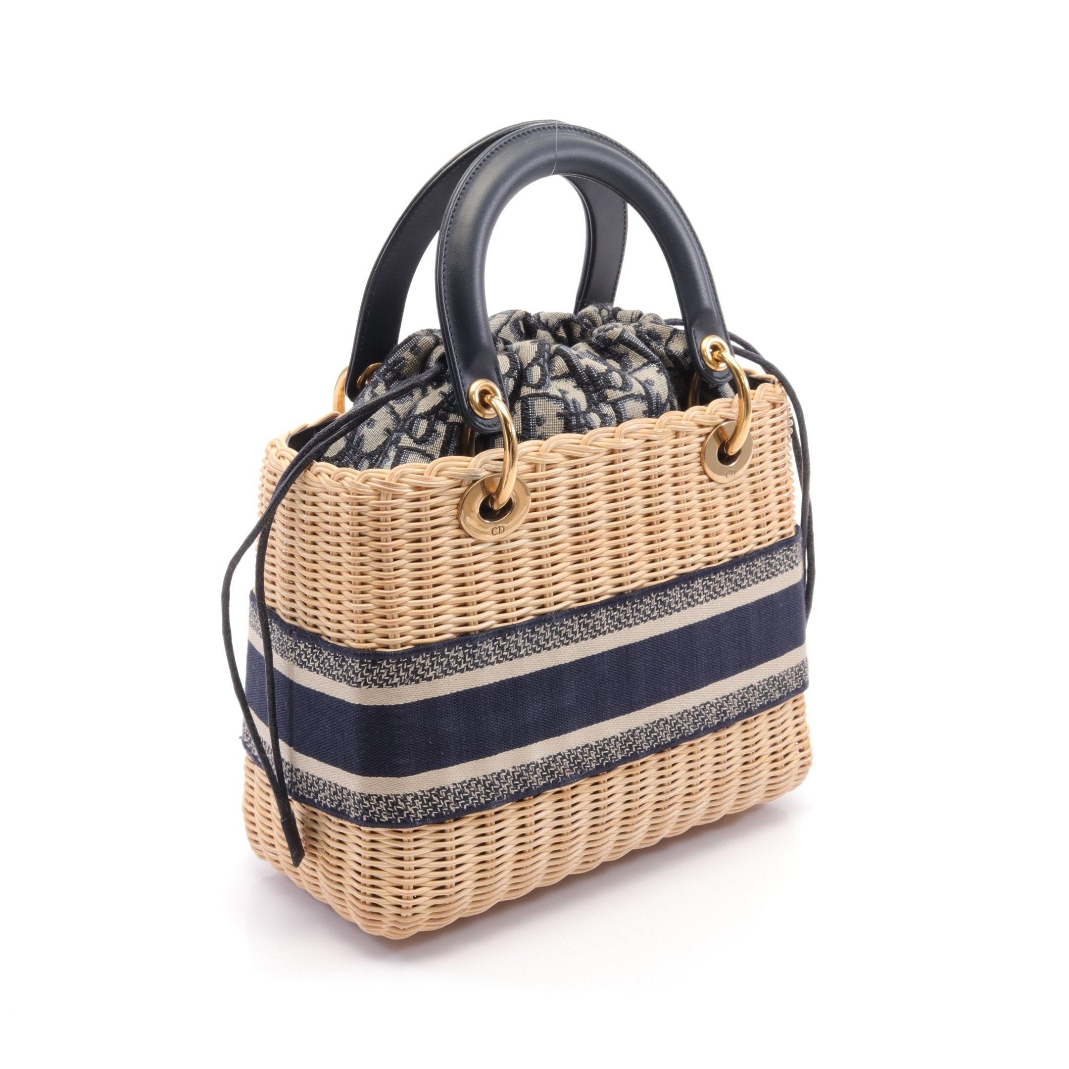 Dior Dior Lady Dior Medium Wicker Oblique Jacquard Basket Bag Handbag Rattan Leather Canvas Ivory Navy Size ONE SIZE - 2 Thumbnail