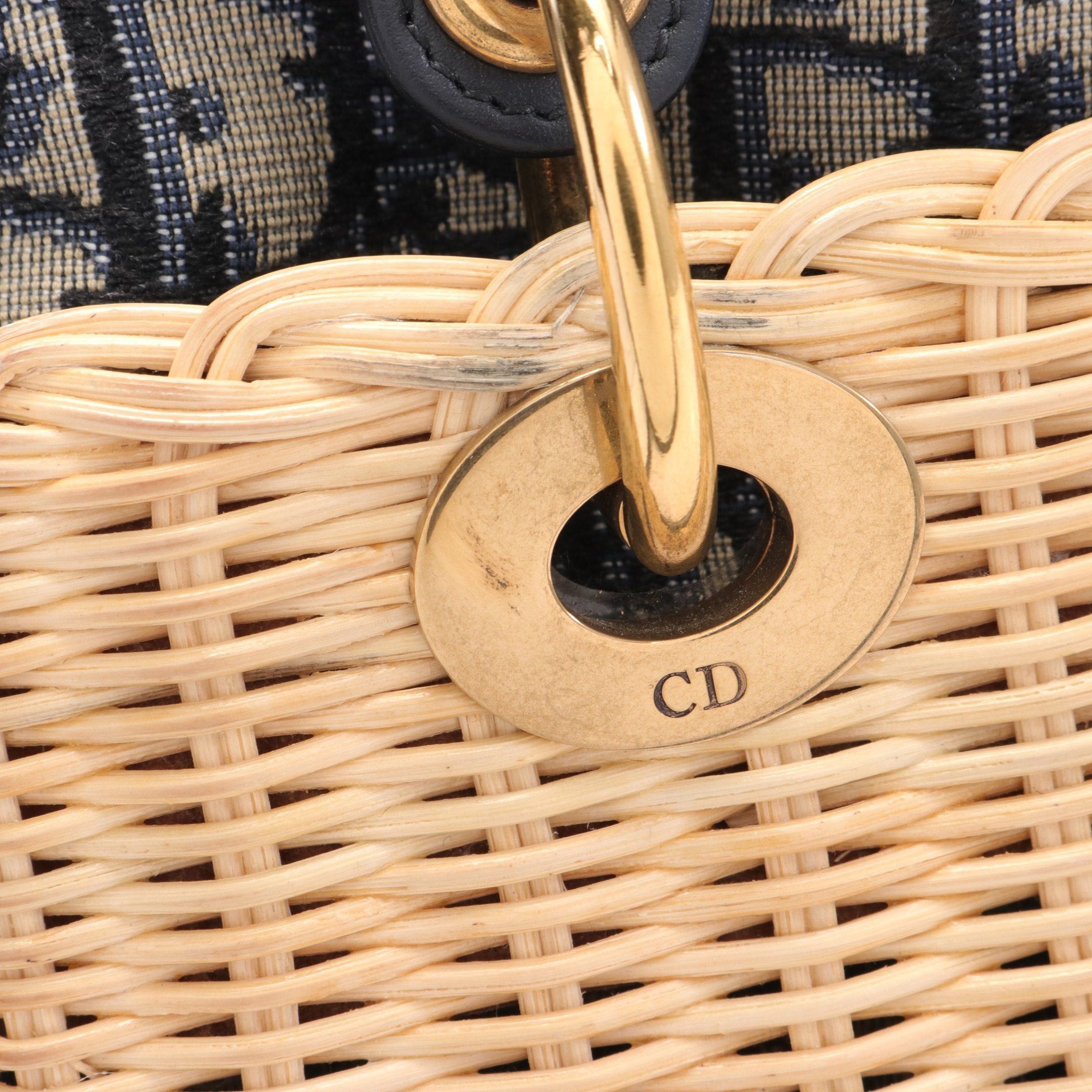 Dior Dior Lady Dior Medium Wicker Oblique Jacquard Basket Bag Handbag Rattan Leather Canvas Ivory Navy Size ONE SIZE - 9 Thumbnail