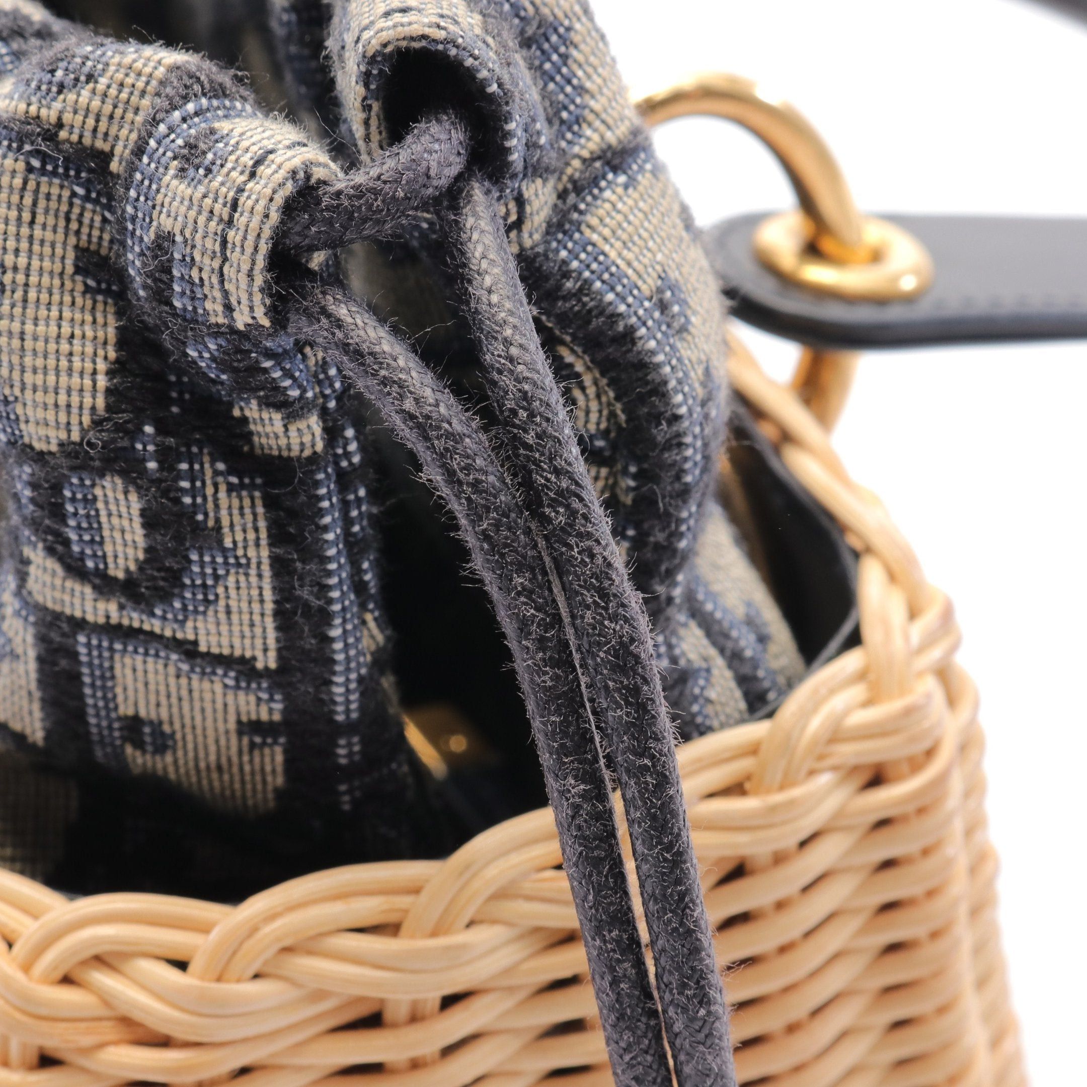 Dior Dior Lady Dior Medium Wicker Oblique Jacquard Basket Bag Handbag Rattan Leather Canvas Ivory Navy Size ONE SIZE - 6 Thumbnail