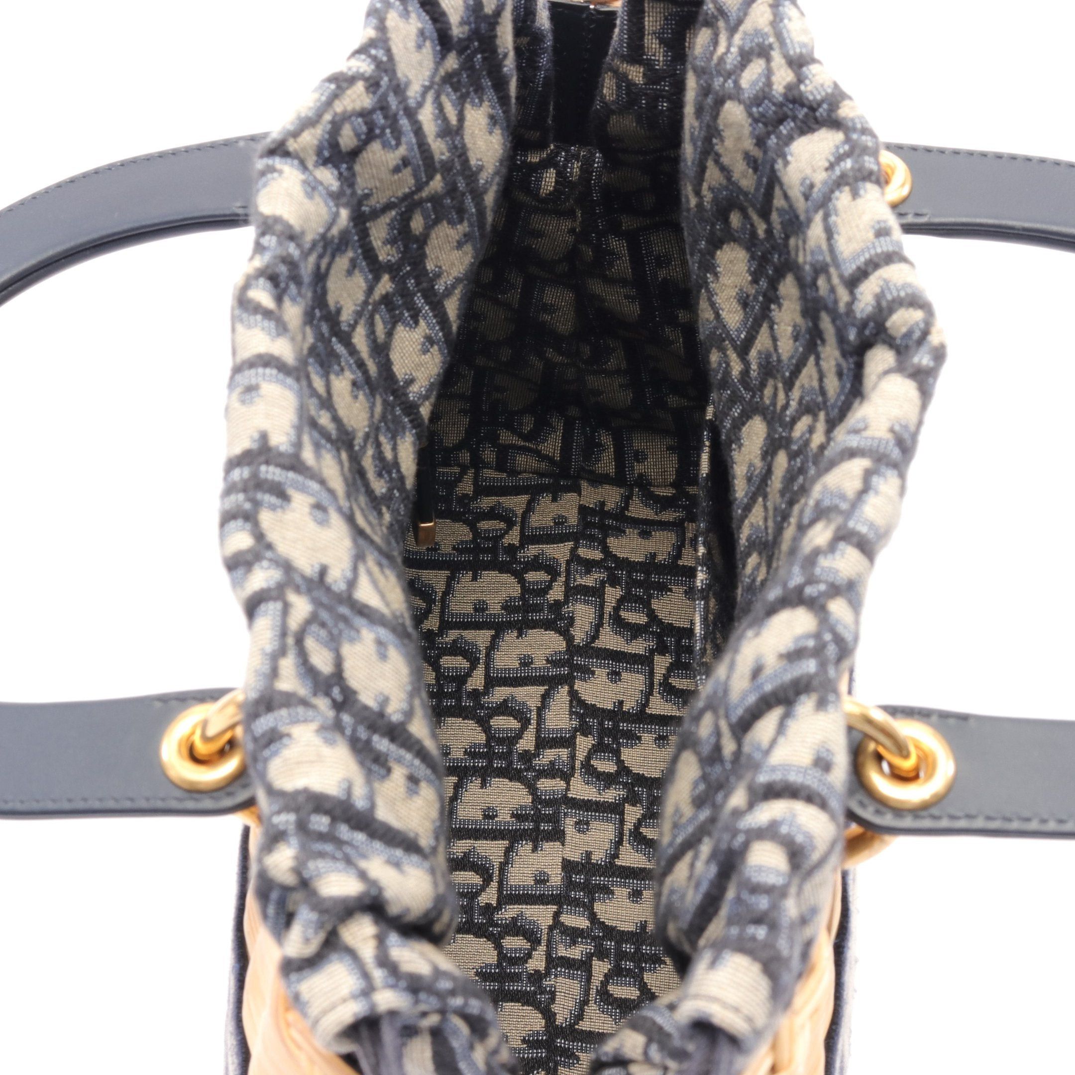 Dior Dior Lady Dior Medium Wicker Oblique Jacquard Basket Bag Handbag Rattan Leather Canvas Ivory Navy Size ONE SIZE - 3 Thumbnail