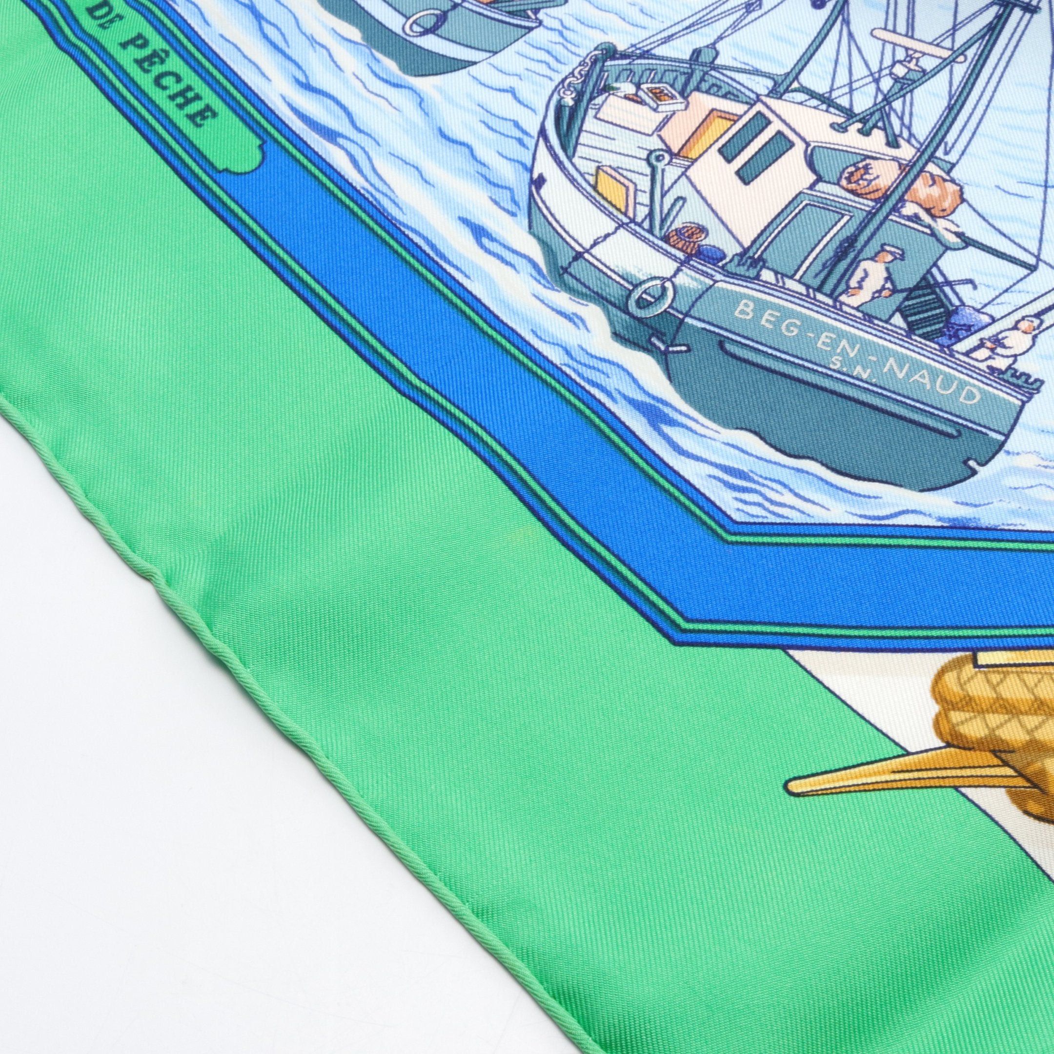 Hermes Hermes Carres 90 Retour De Peche Scarf Silk Green Multicolor Size ONE SIZE - 6 Thumbnail