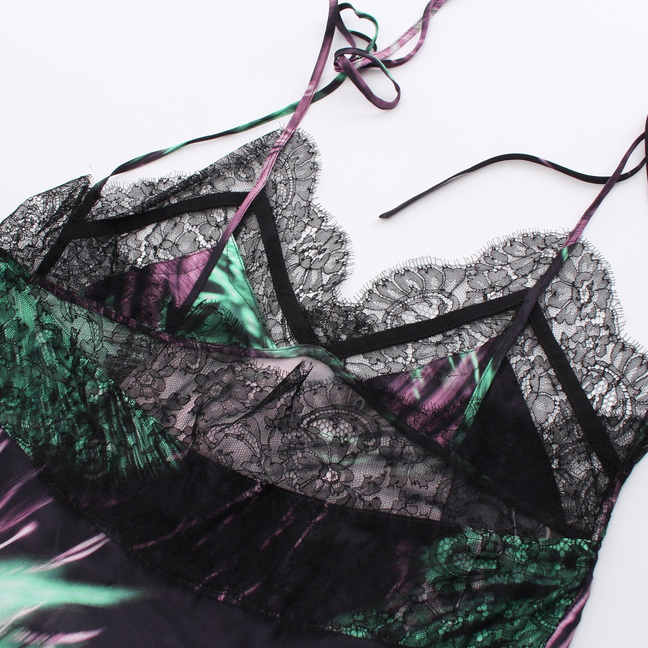 Dries Van Noten Dries Van Noten Camisole One Piece Lace Silk Black Light Green Purple Size ONE SIZE - 9 Thumbnail