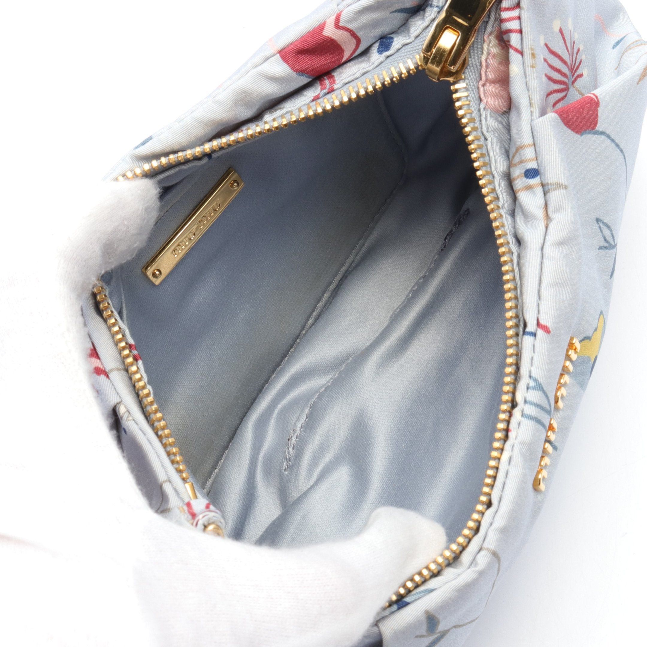 Miu Miu Faille Print Pouch Floral Pattern Fabric Blue Gray Multicolor