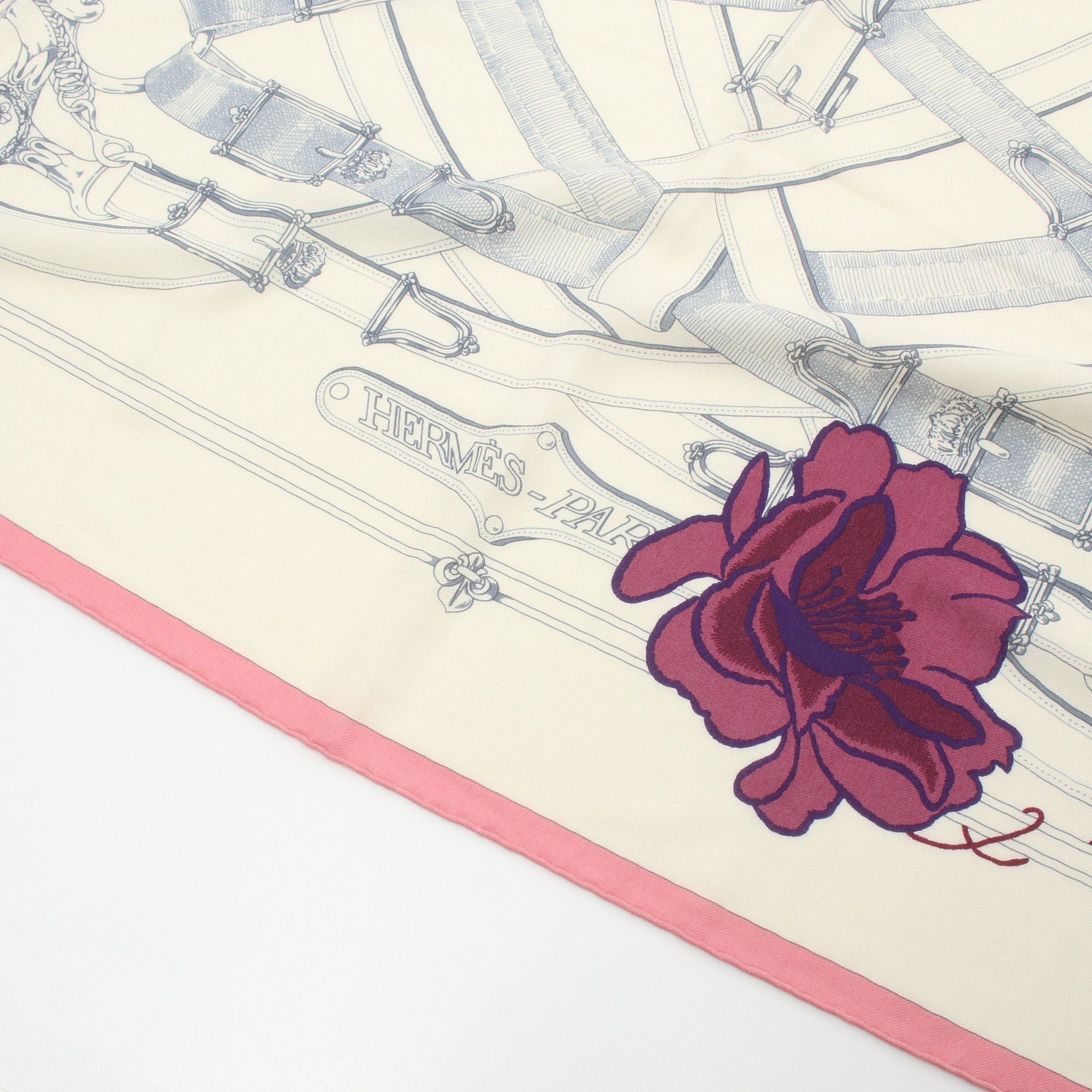 Hermes Hermes Carréjean Carres 140 Cavalcadour Fleuri Scarf Shawl Cashmere Silk Off White Pink Multicolor Size ONE SIZE - 4 Thumbnail