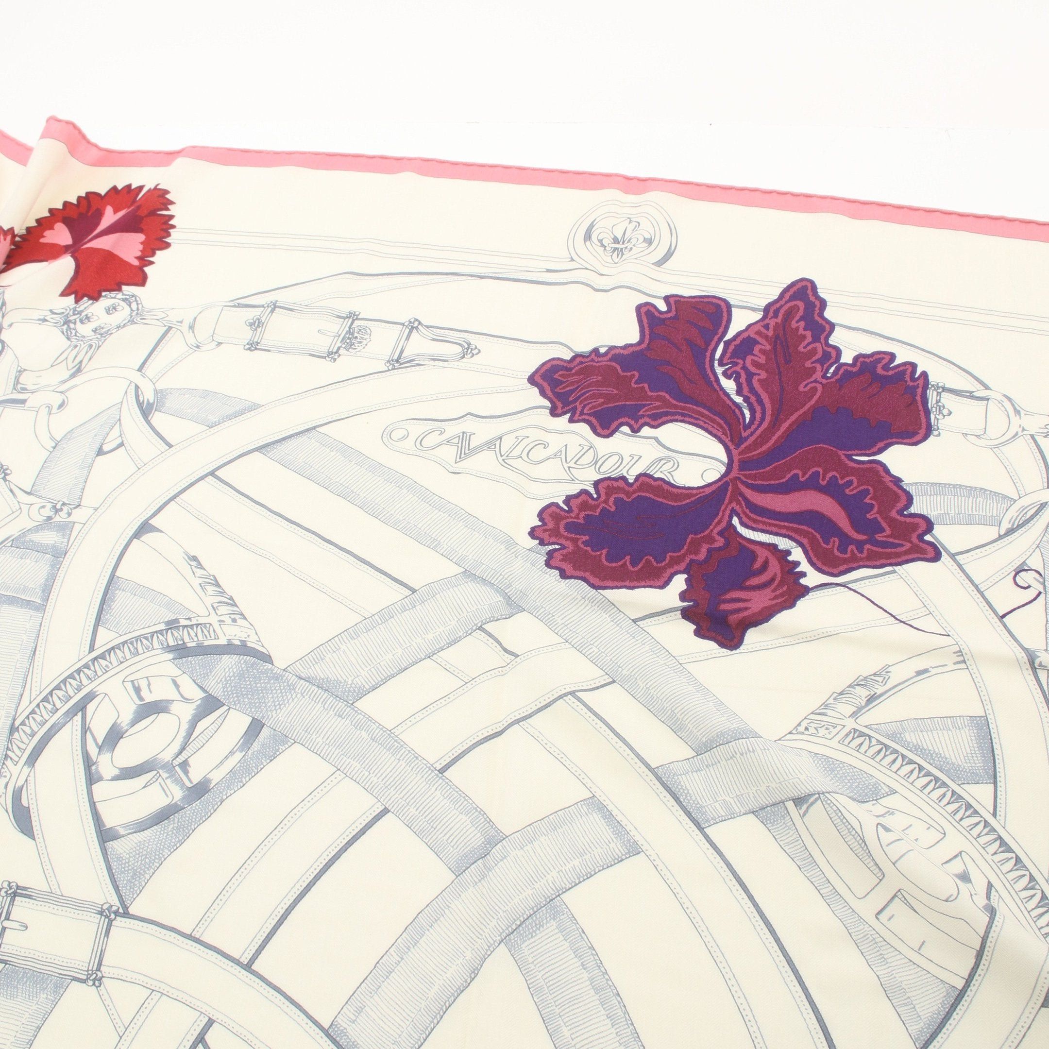 Hermes Hermes Carréjean Carres 140 Cavalcadour Fleuri Scarf Shawl Cashmere Silk Off White Pink Multicolor Size ONE SIZE - 5 Thumbnail