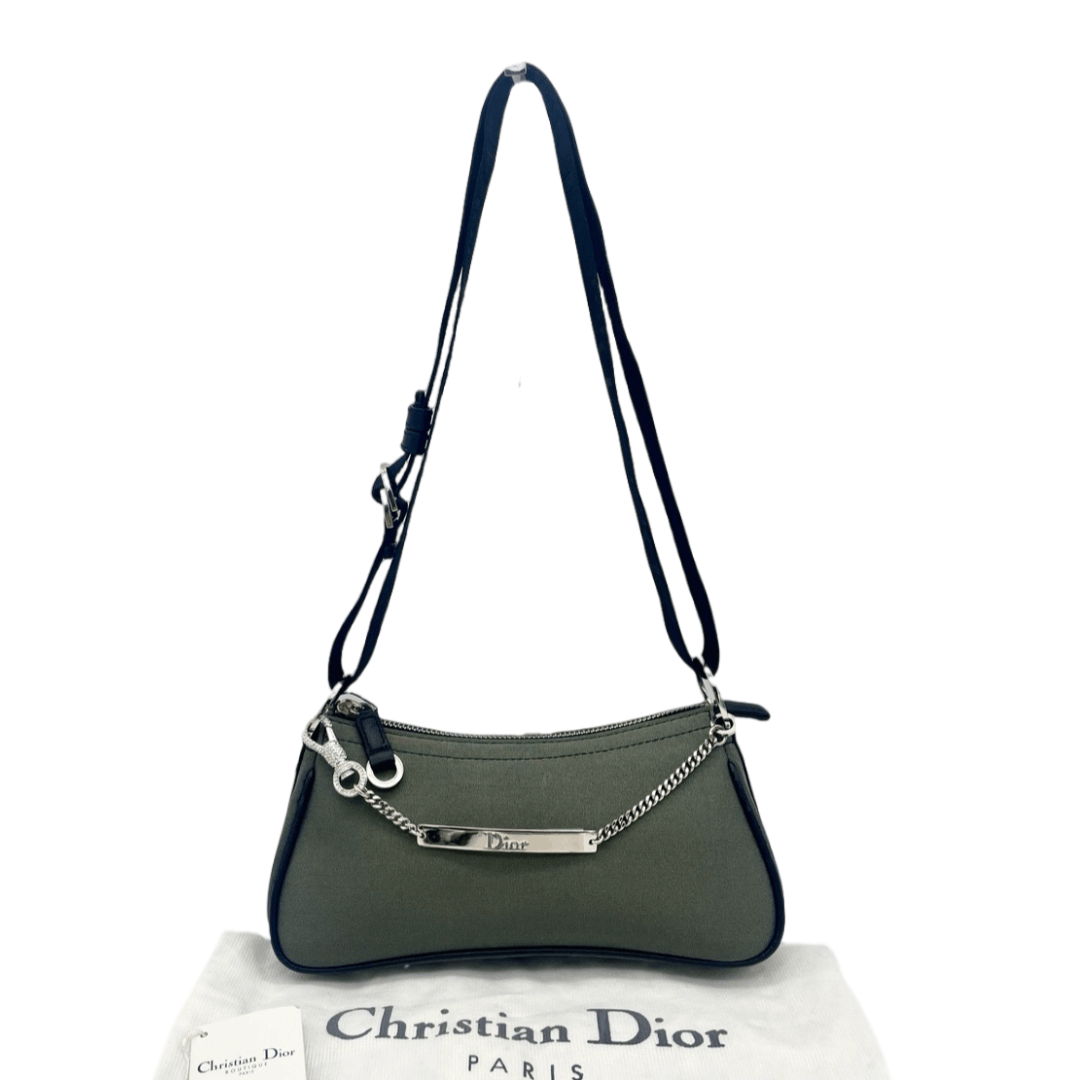 Christian Dior Rhinestone Chain Handle Shoulder Bag Dark Green Black Shw