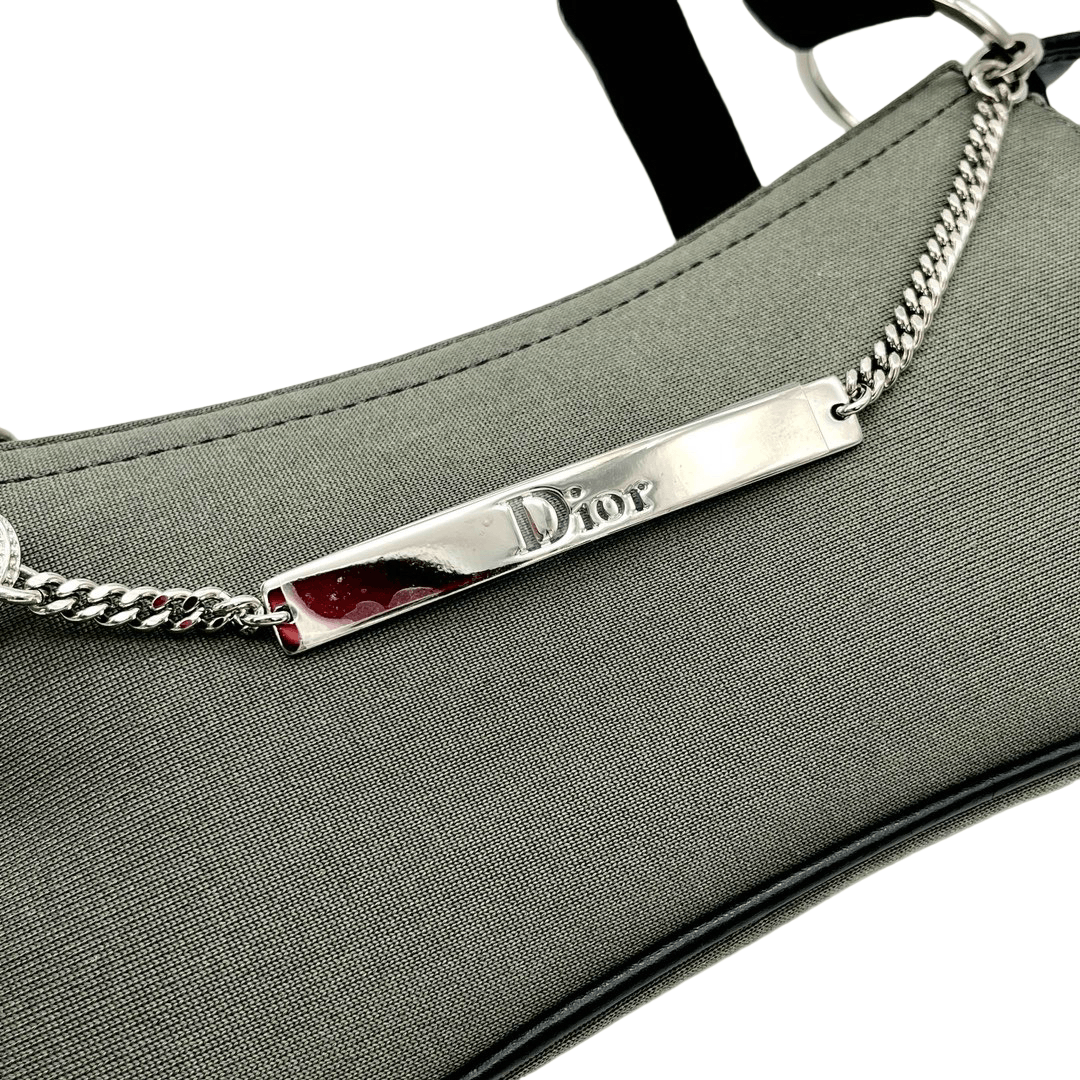 Christian Dior Rhinestone Chain Handle Shoulder Bag Dark Green Black Shw