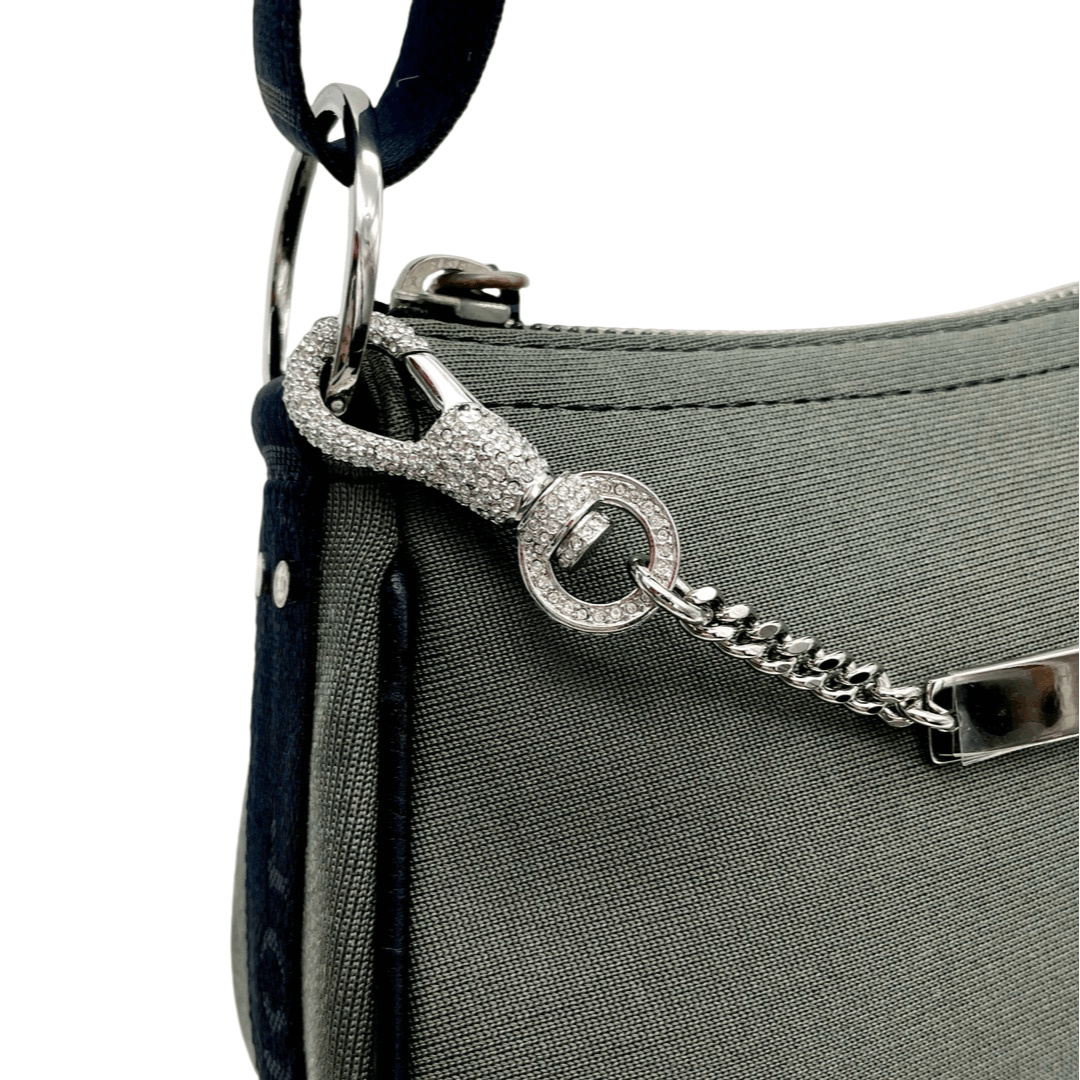 Christian Dior Rhinestone Chain Handle Shoulder Bag Dark Green Black Shw