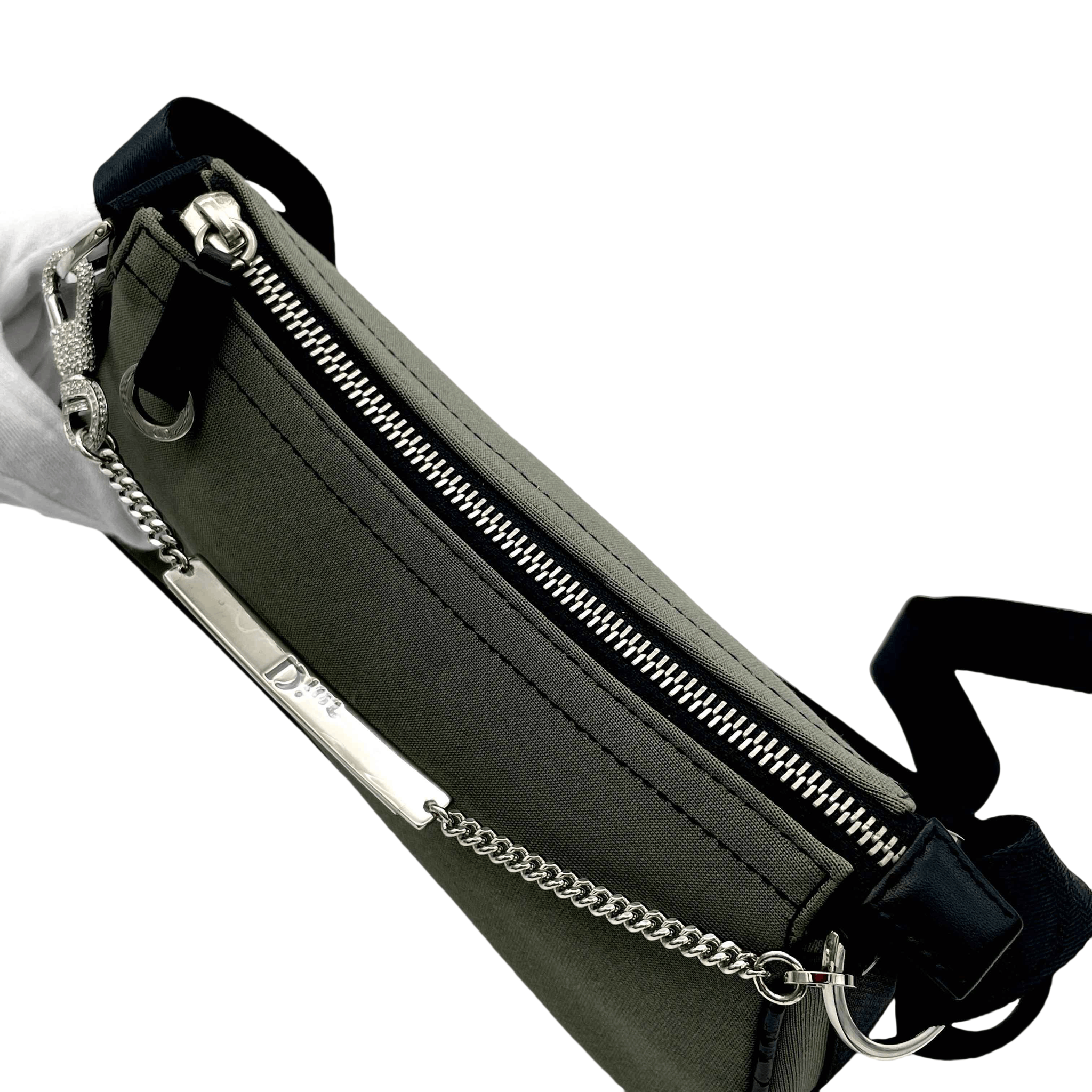 Christian Dior Rhinestone Chain Handle Shoulder Bag Dark Green Black Shw