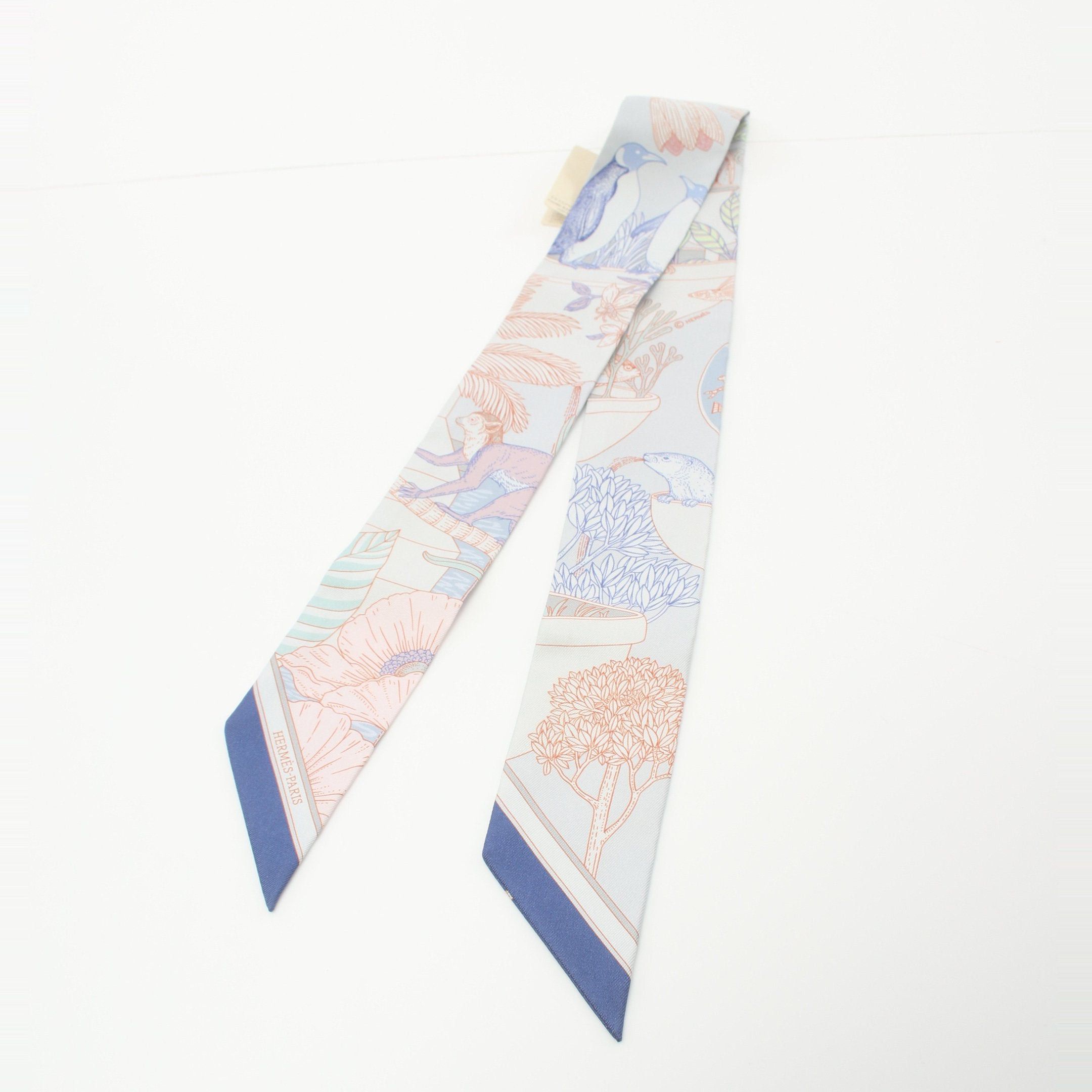 Hermes Hermes Twilly Precious Paradaise Ribbon Scarf Silk Light Gray Multicolor Size ONE SIZE - 4 Thumbnail