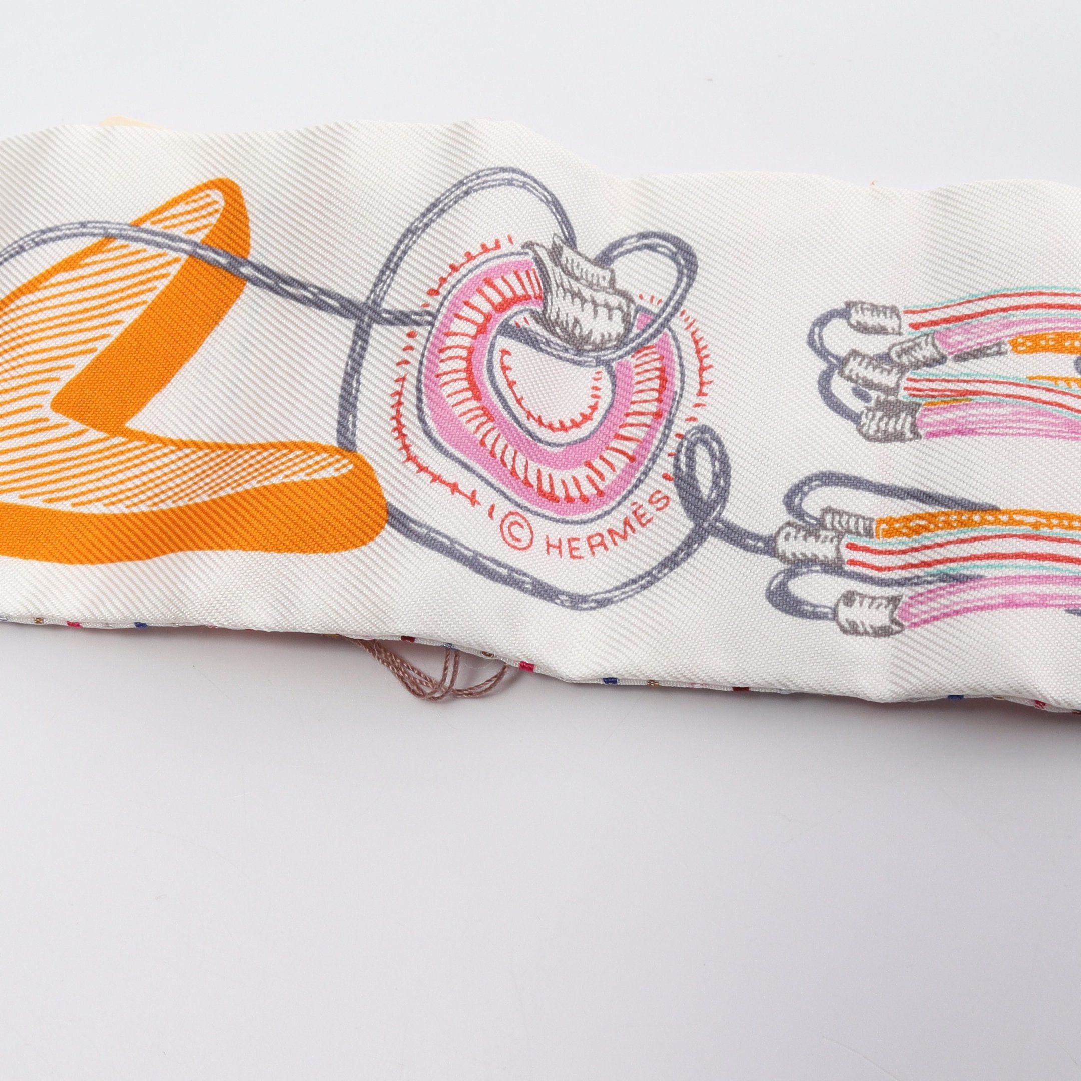 Hermes Hermes Twilly Chevaloscope Neon Ribbon Scarf Silk White Multicolor Size ONE SIZE - 2 Thumbnail