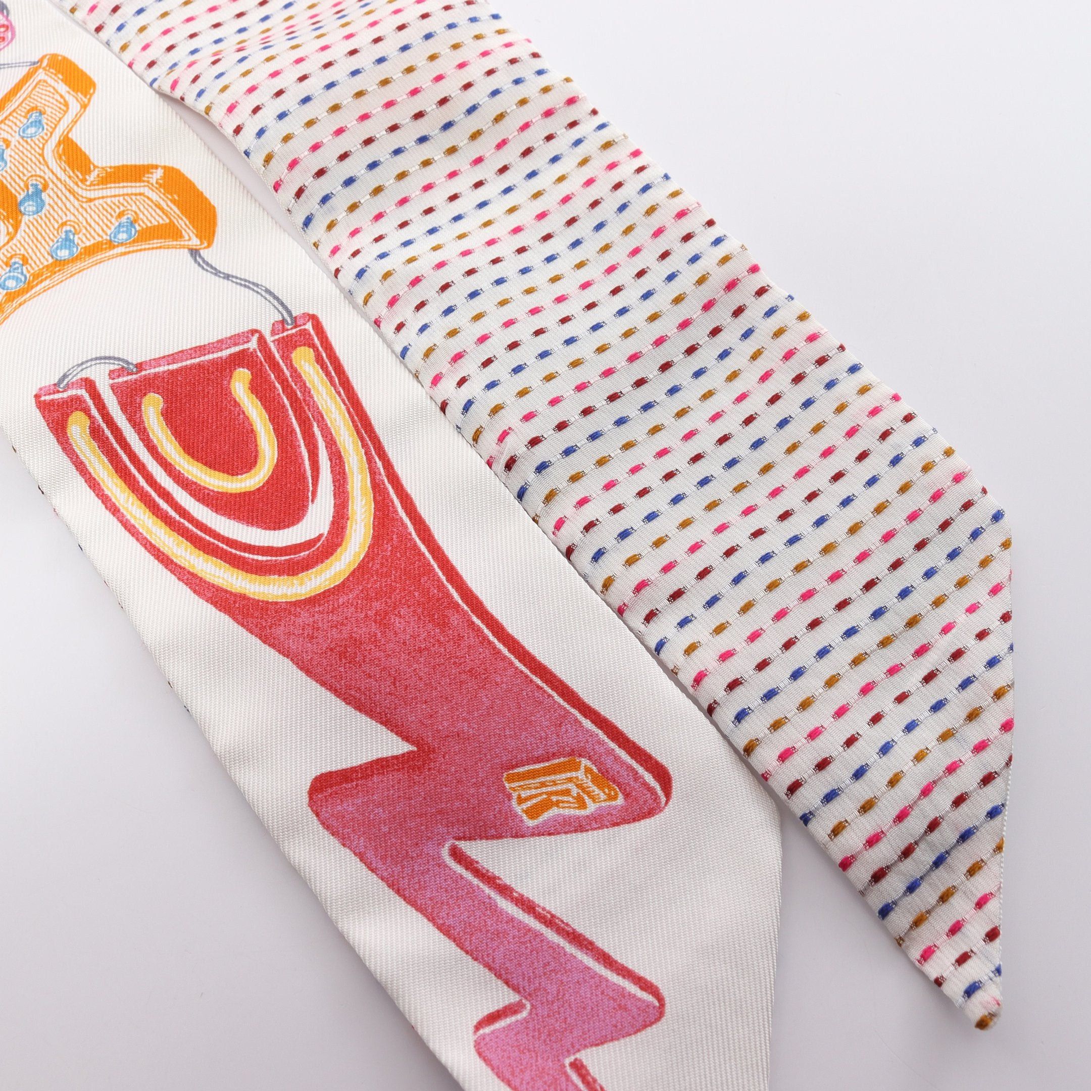 Hermes Hermes Twilly Chevaloscope Neon Ribbon Scarf Silk White Multicolor Size ONE SIZE - 6 Thumbnail