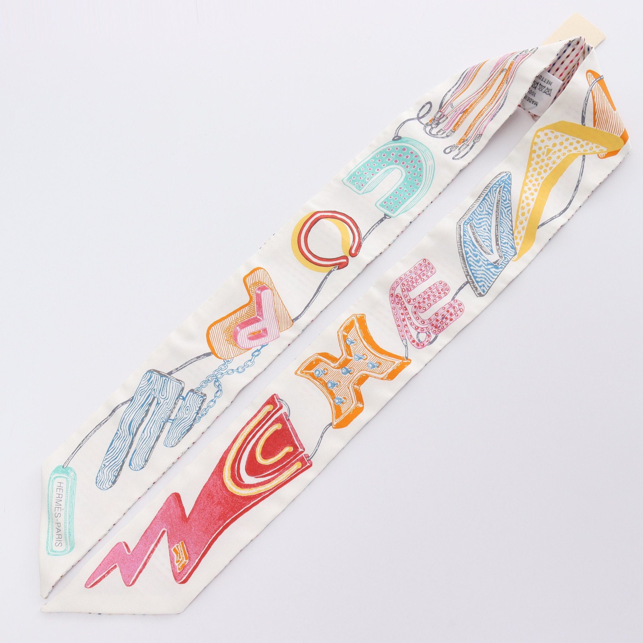 Hermes Hermes Twilly Chevaloscope Neon Ribbon Scarf Silk White Multicolor Size ONE SIZE - 4 Thumbnail