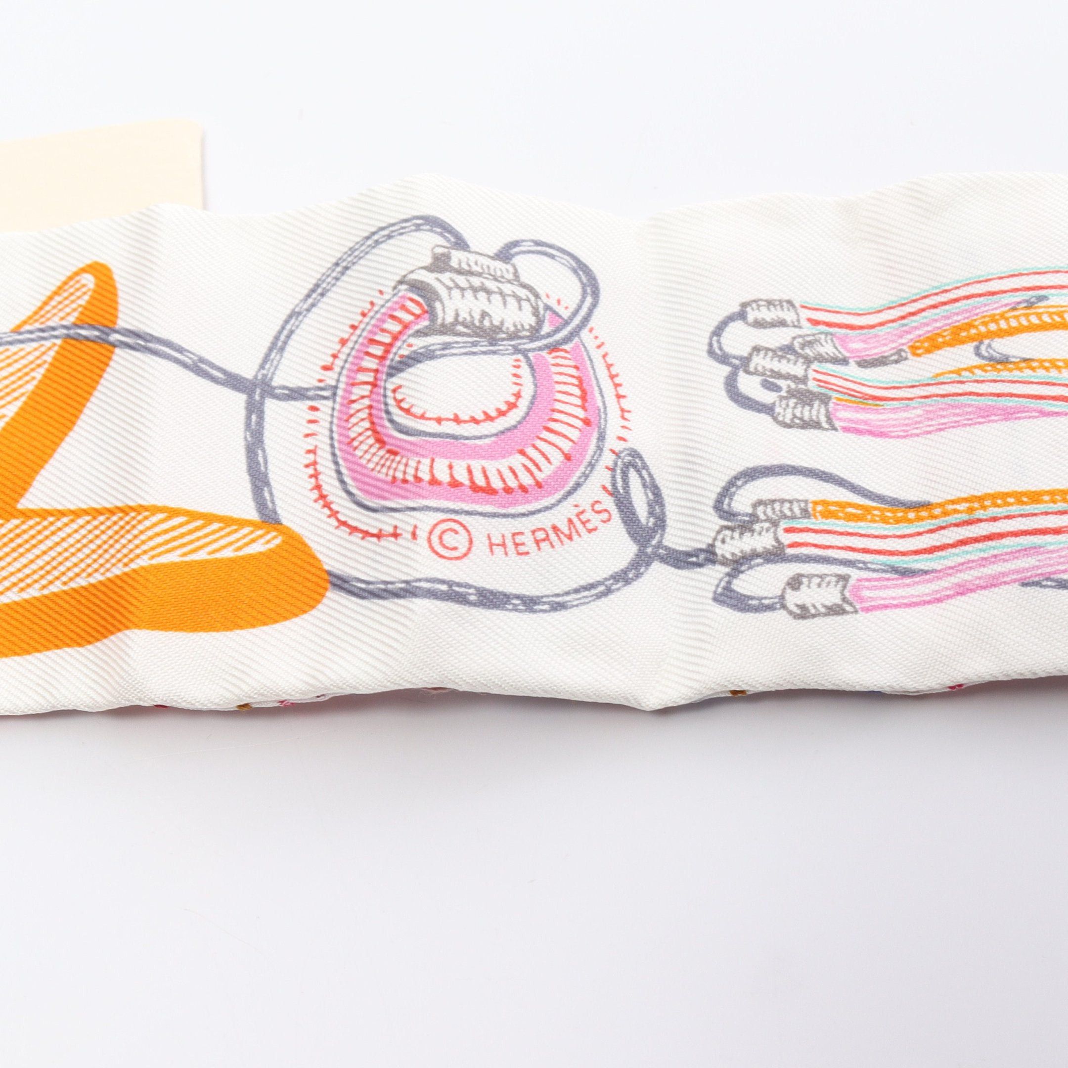 Hermes Hermes Twilly Chevaloscope Neon Ribbon Scarf Silk White Multicolor Size ONE SIZE - 2 Thumbnail