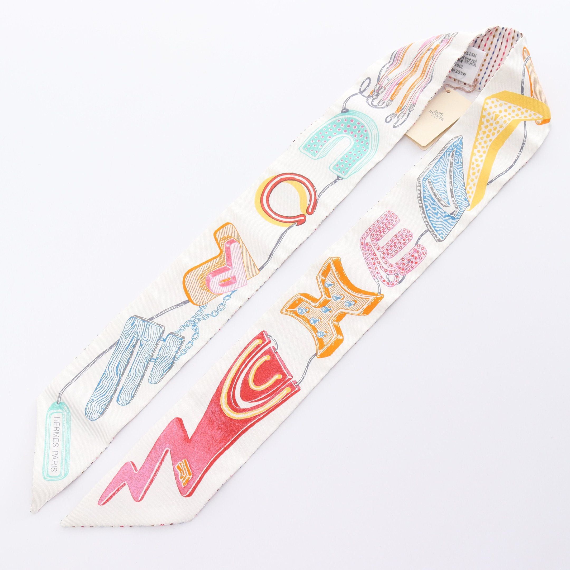 Hermes Hermes Twilly Chevaloscope Neon Ribbon Scarf Silk White Multicolor Size ONE SIZE - 4 Thumbnail