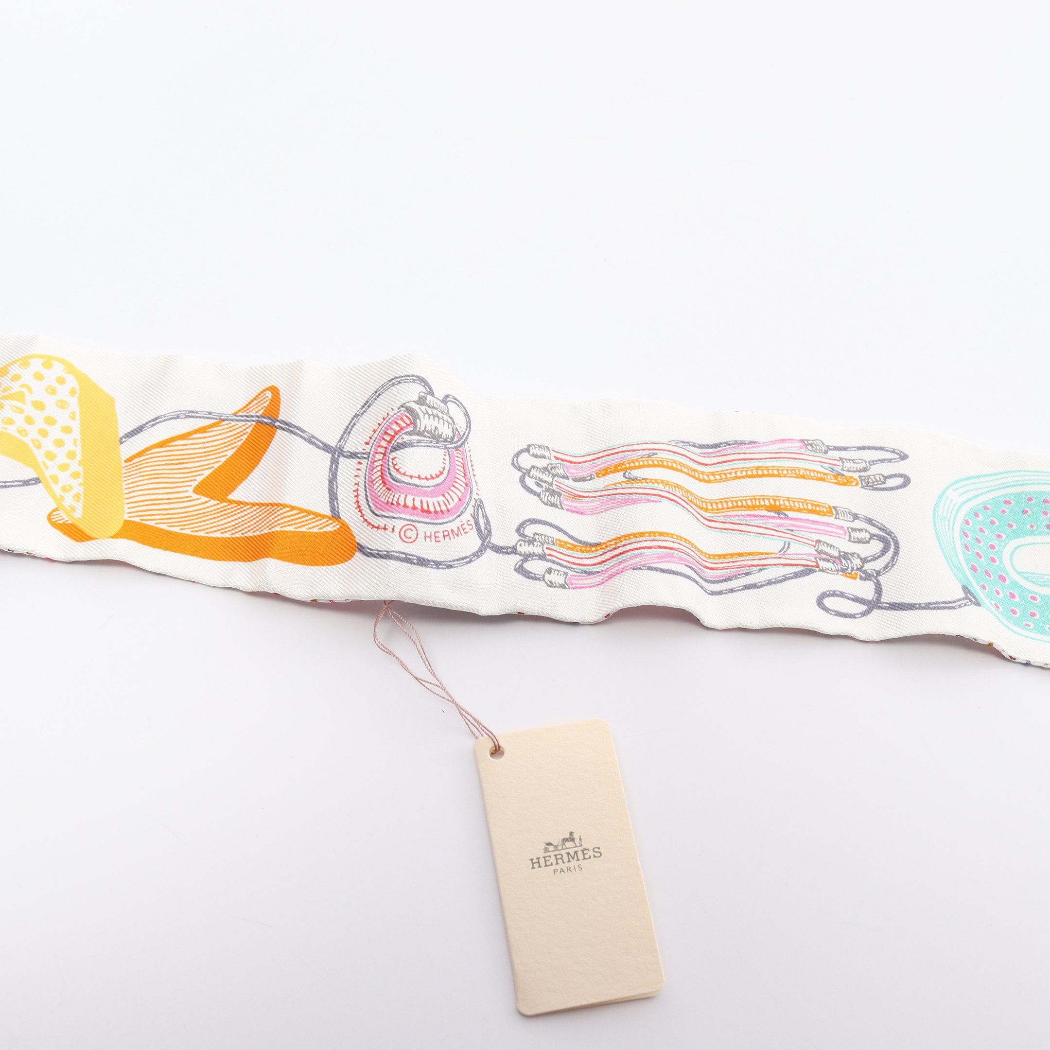 Hermes Hermes Twilly Chevaloscope Neon Ribbon Scarf Silk White Multicolor Size ONE SIZE - 6 Thumbnail