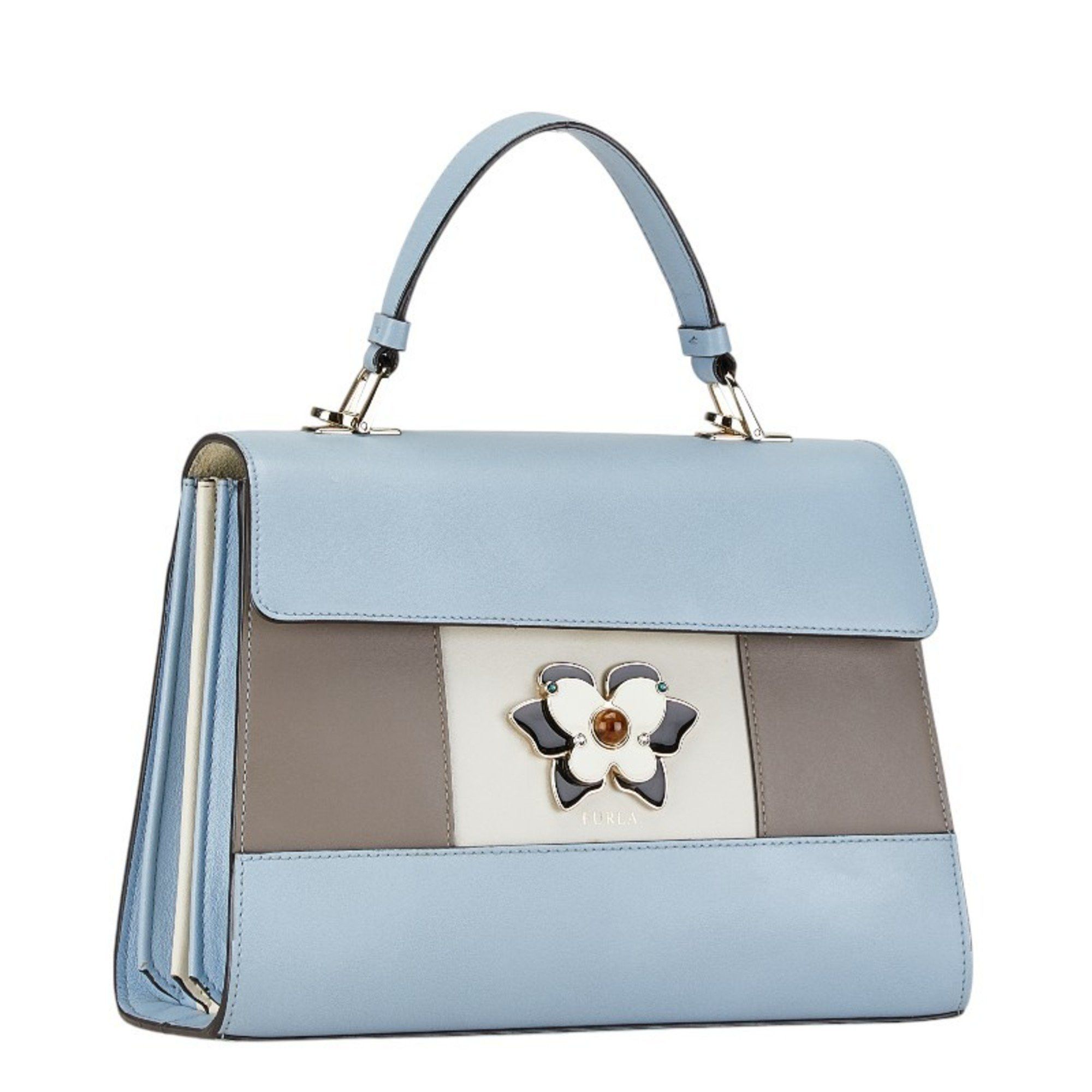 Furla Furla Muguet Flower Motif Handbag Shoulder Bag Light Blue White Leather Women's Size ONE SIZE - 4 Thumbnail