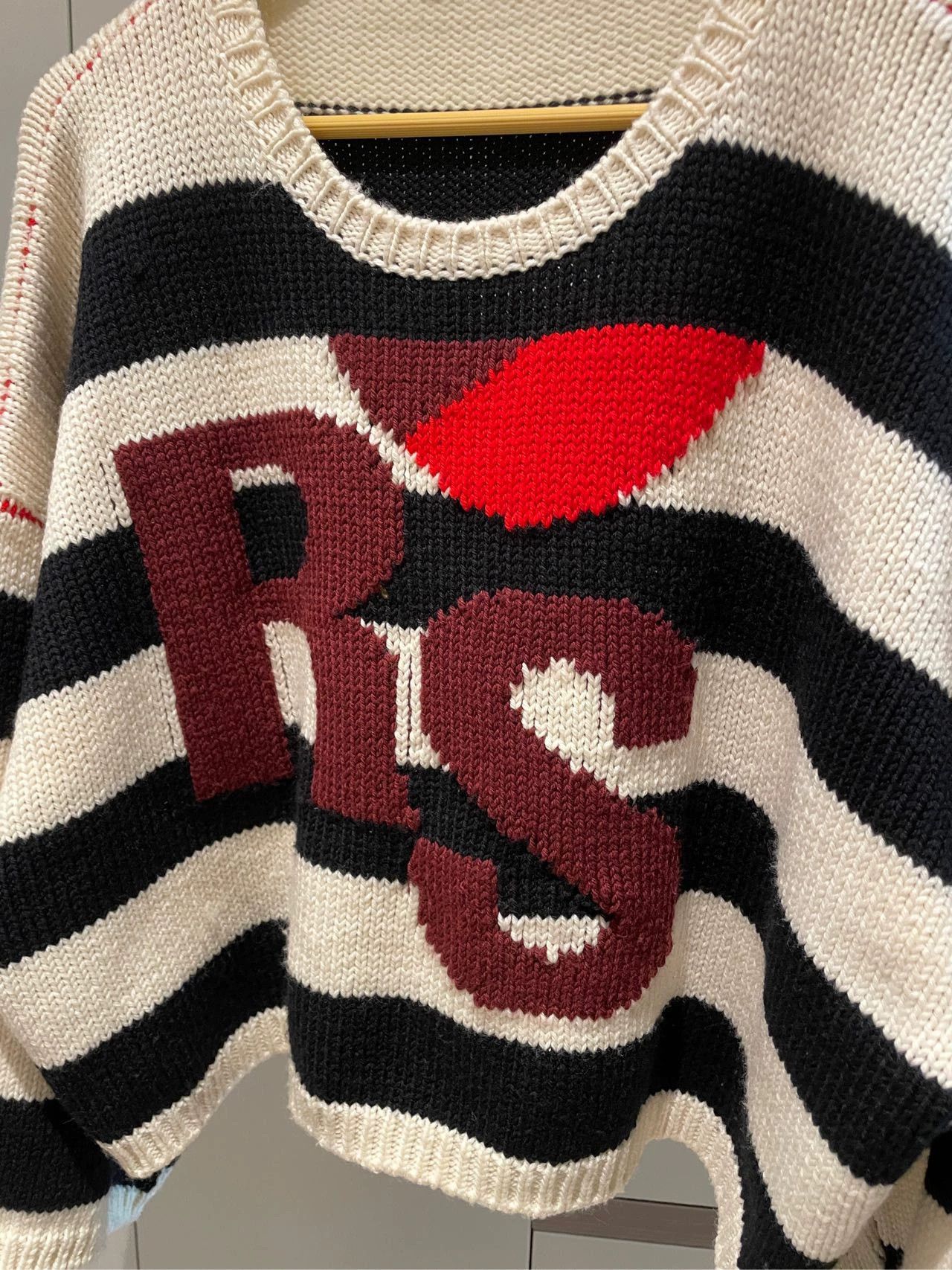 Raf Simons Black and white striped RS red letter knitted sweater