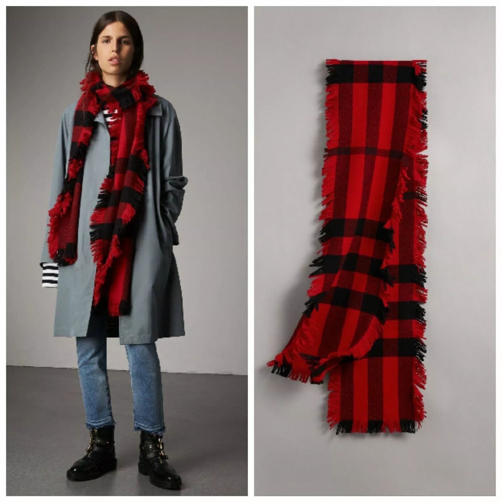 Burberry Red Half Mega Fashion Check Fringe Wool Scarf Size ONE SIZE - 3 Thumbnail