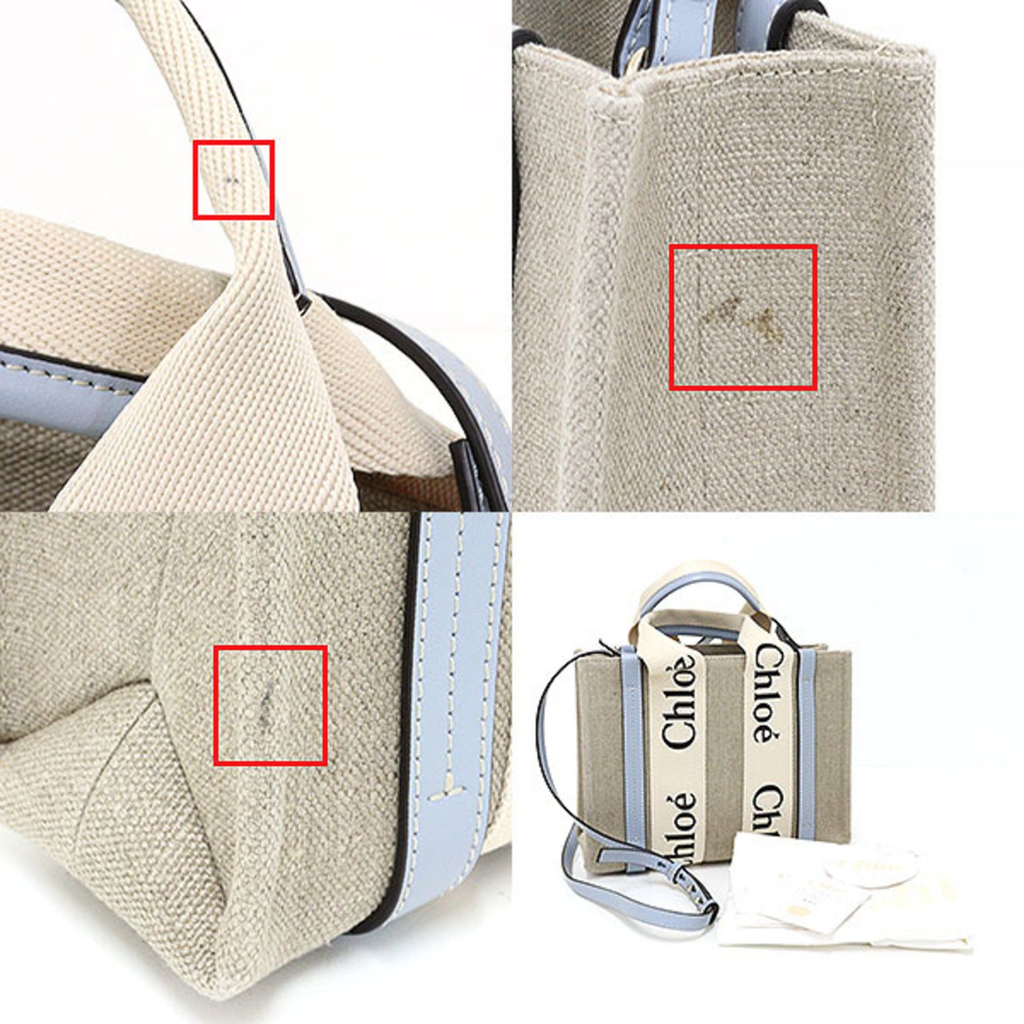 Chloe Chloé Chloe WOODY Small Tote Bag White/Blue Linen Canvas/Calf 3WAY Size ONE SIZE - 3 Thumbnail
