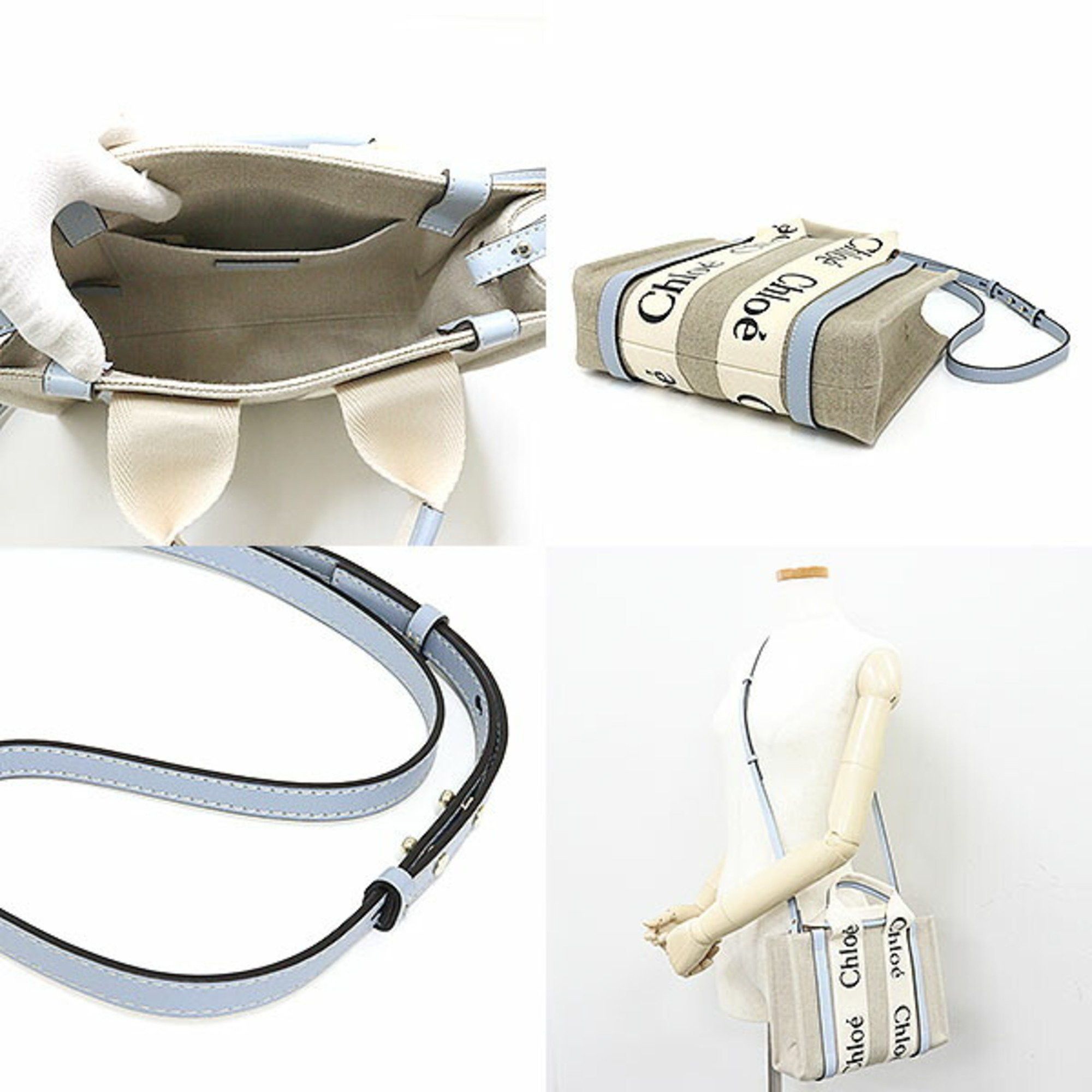Chloe Chloé Chloe WOODY Small Tote Bag White/Blue Linen Canvas/Calf 3WAY Size ONE SIZE - 2 Thumbnail