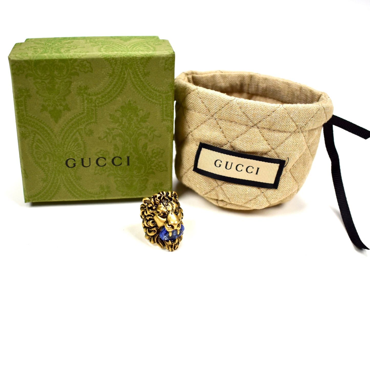 Gucci Gucci Vintage Effect Gold Lion Ring Blue Crystal Size ONE SIZE - 2 Thumbnail