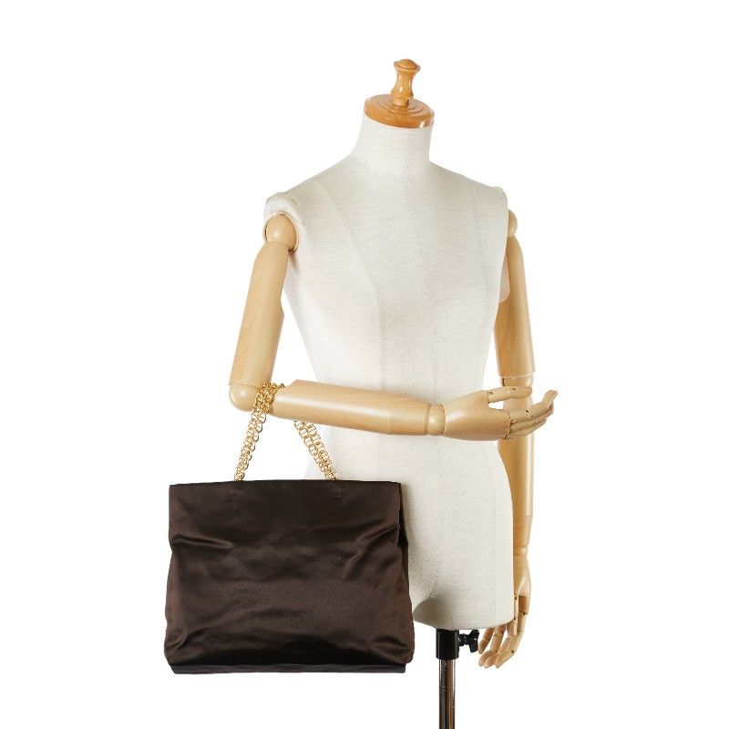 Prada Prada Prada Satin Triangle Logo Plate Chain Shoulder Tote Bag Brown Canvas Tote Bag in Very Good Condition Size ONE SIZE - 9 Thumbnail