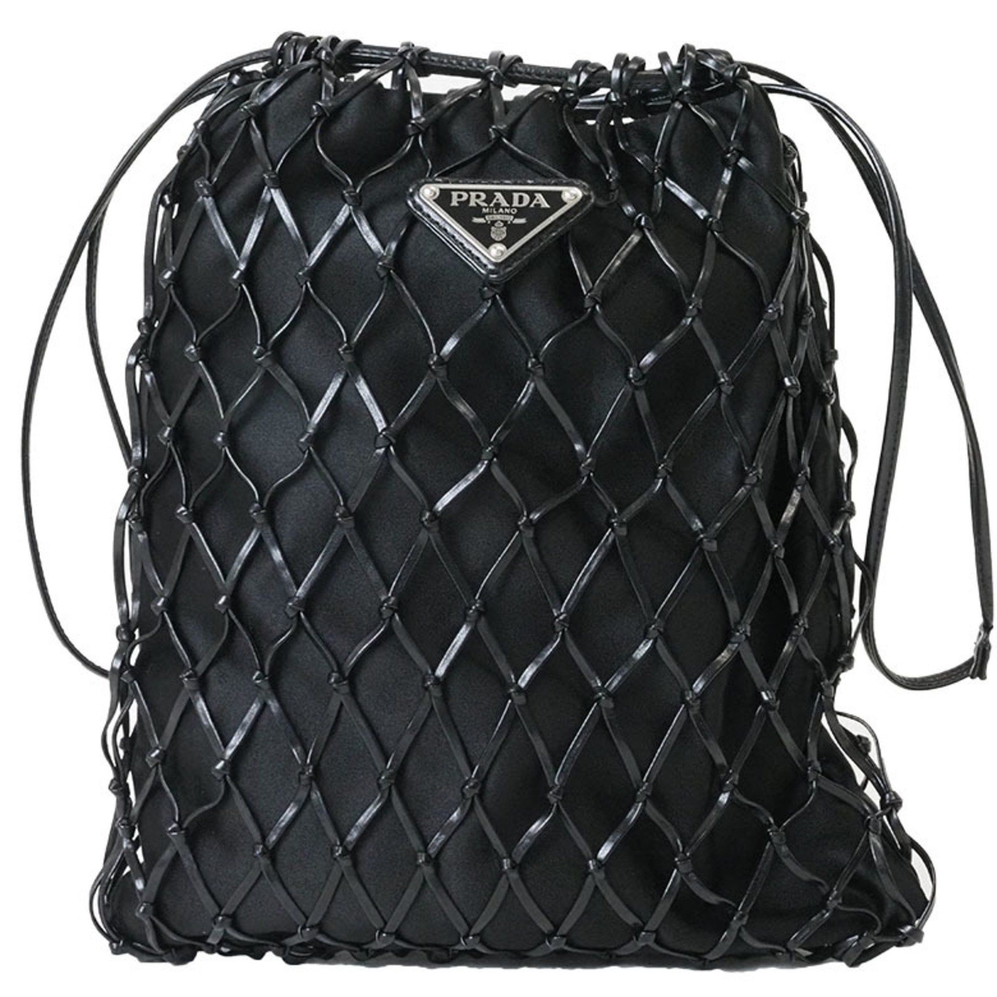 Prada Mesh Satin Chain Shoulder Bag Black 1BC075 Women's Leather