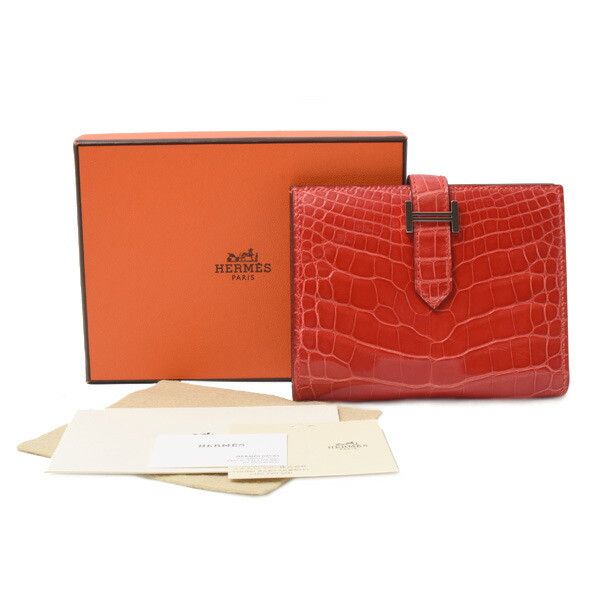 Hermes Hermes Hermes Alligator Bearn Compact Wallet Red Leather Short Wallet 75937 in Great Condition Size ONE SIZE - 9 Thumbnail