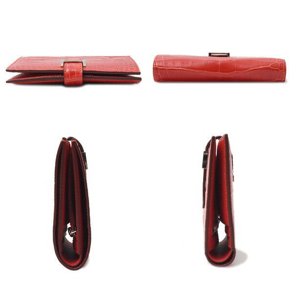 Hermes Hermes Hermes Alligator Bearn Compact Wallet Red Leather Short Wallet 75937 in Great Condition Size ONE SIZE - 3 Thumbnail