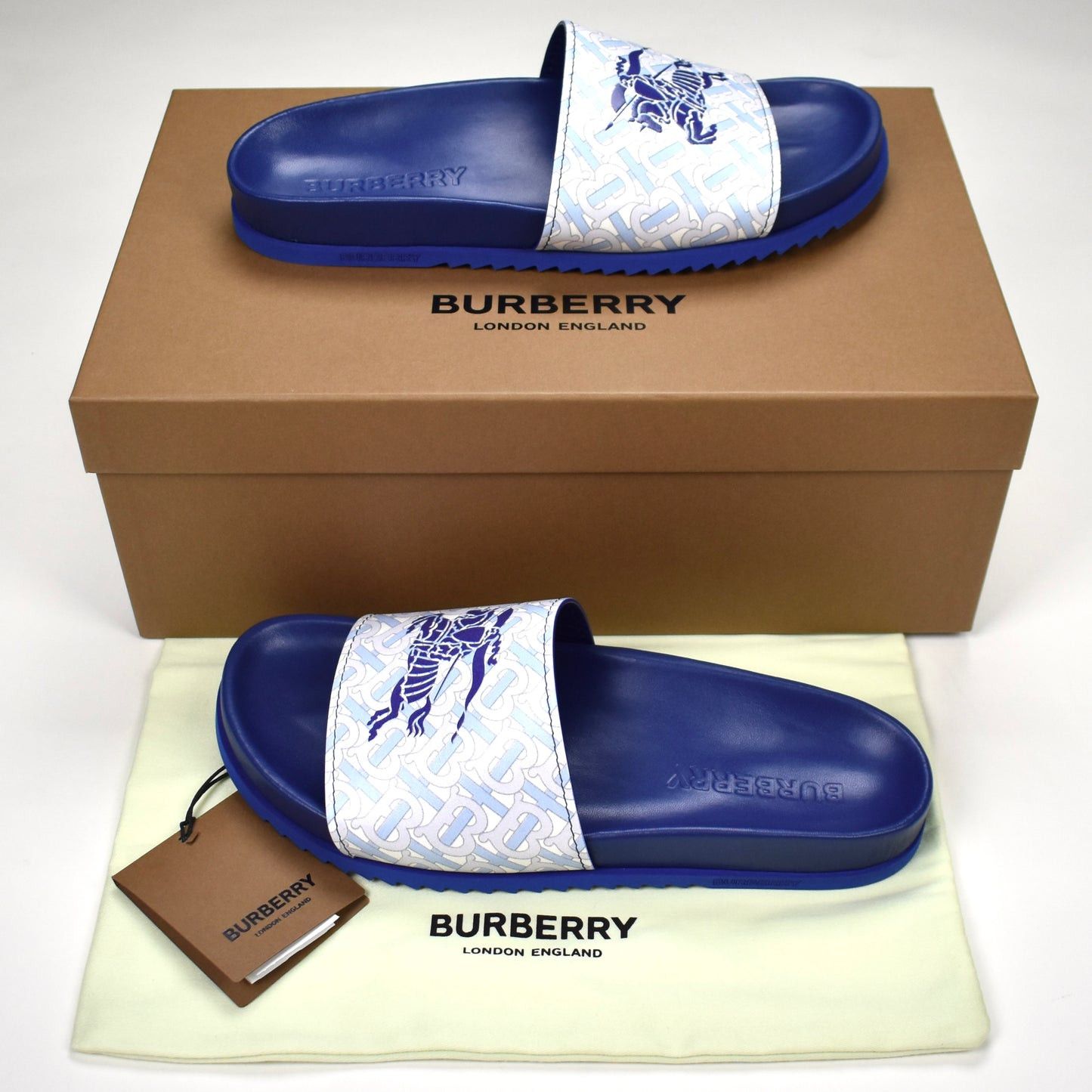 $790 NIB BURBERRY Vivid Cobalt Melroy TB Monogram-Embossed Slides Size 12 Burberry BURBERRY Cobalt Melroy Monogram-Embossed Slides  main image 2
