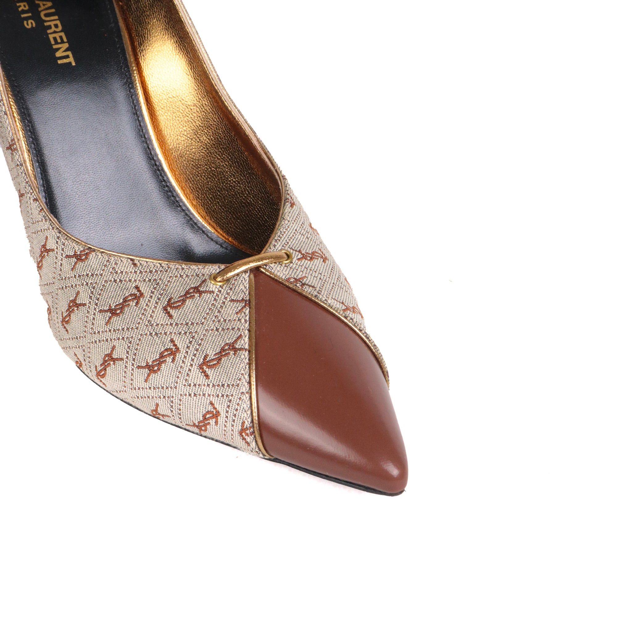 Saint Laurent Paris SAINT LAURENT - Saint Laurent heeled pumps in brown monogram canvas (T40) Size US 9 / IT 39 - 4 Thumbnail