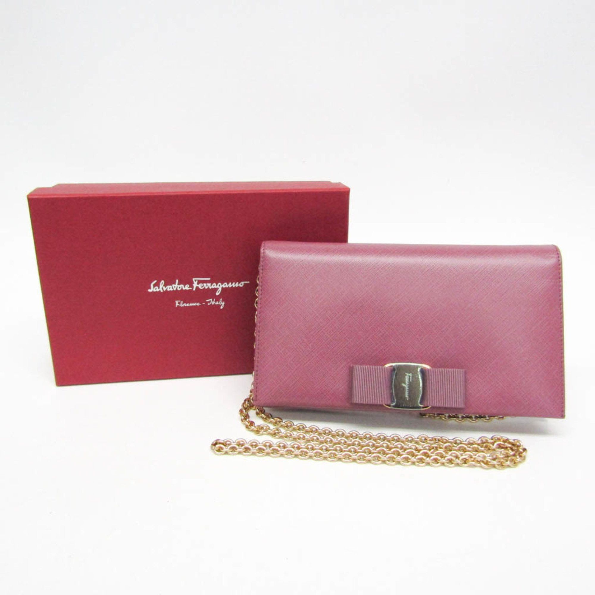 Salvatore Ferragamo Salvatore Ferragamo Vara KM 22B850 Women's Leather Chain/Shoulder Wallet Pink Size ONE SIZE - 15 Thumbnail