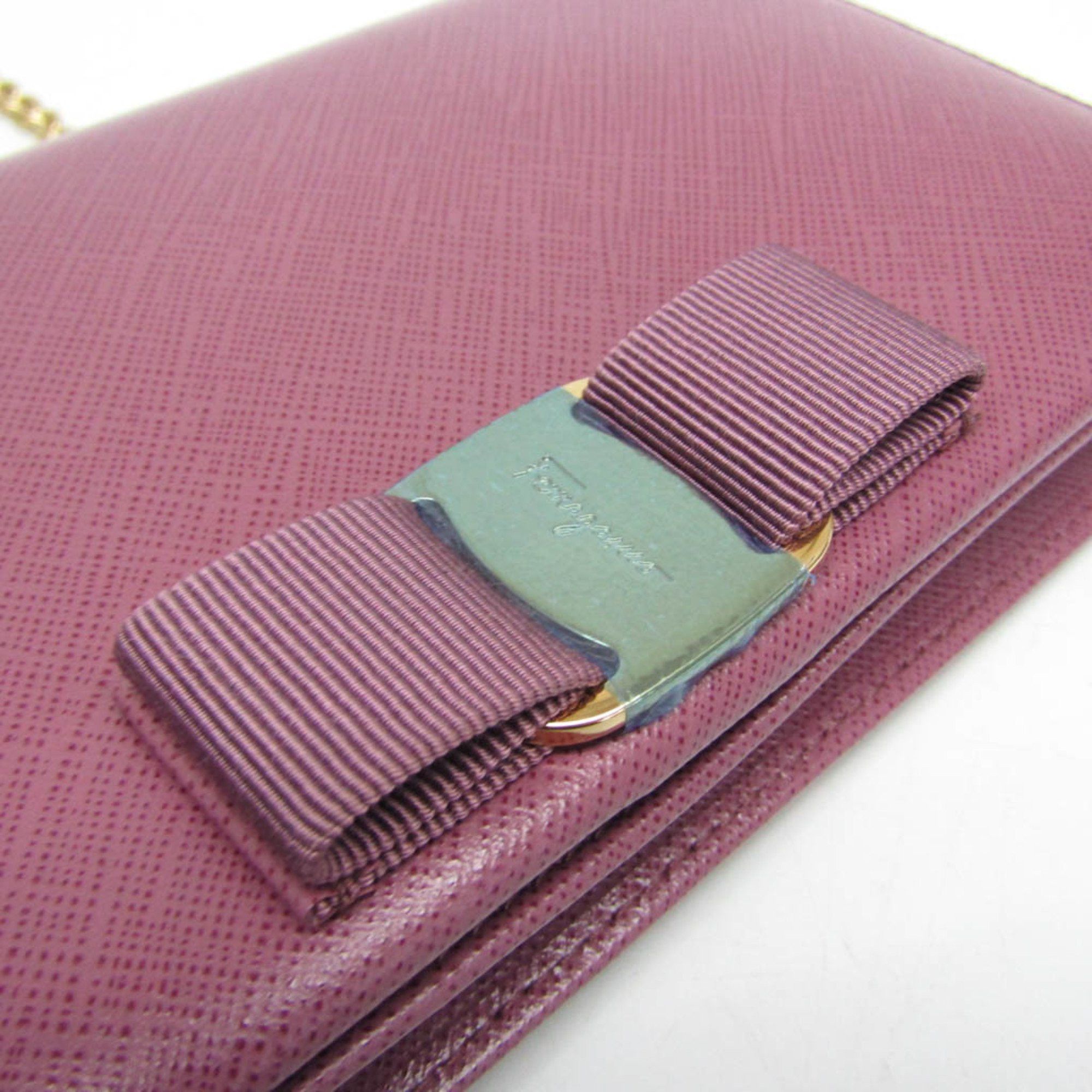 Salvatore Ferragamo Salvatore Ferragamo Vara KM 22B850 Women's Leather Chain/Shoulder Wallet Pink Size ONE SIZE - 8 Thumbnail