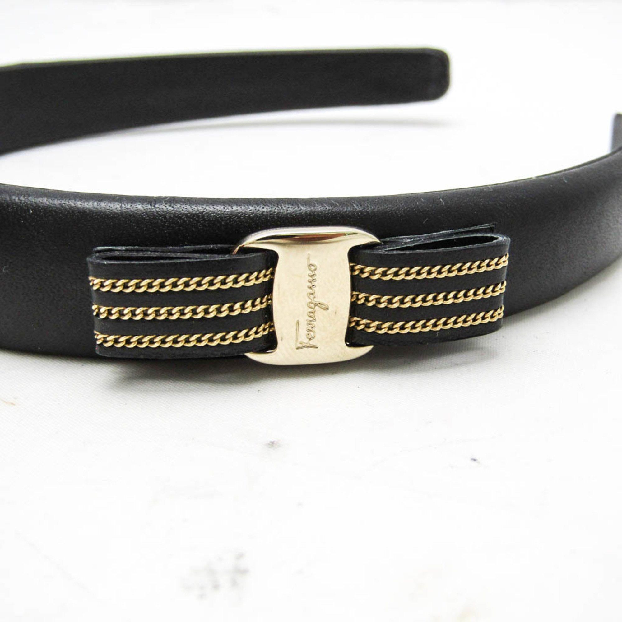 Salvatore Ferragamo Salvatore Ferragamo Vara Leather,Metal Women's Alice Band Black,Gold Size ONE SIZE - 4 Thumbnail
