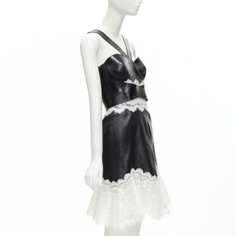 ALEXANDER MCQUEEN 2020 Runway black leather bustier white lace - Main Image