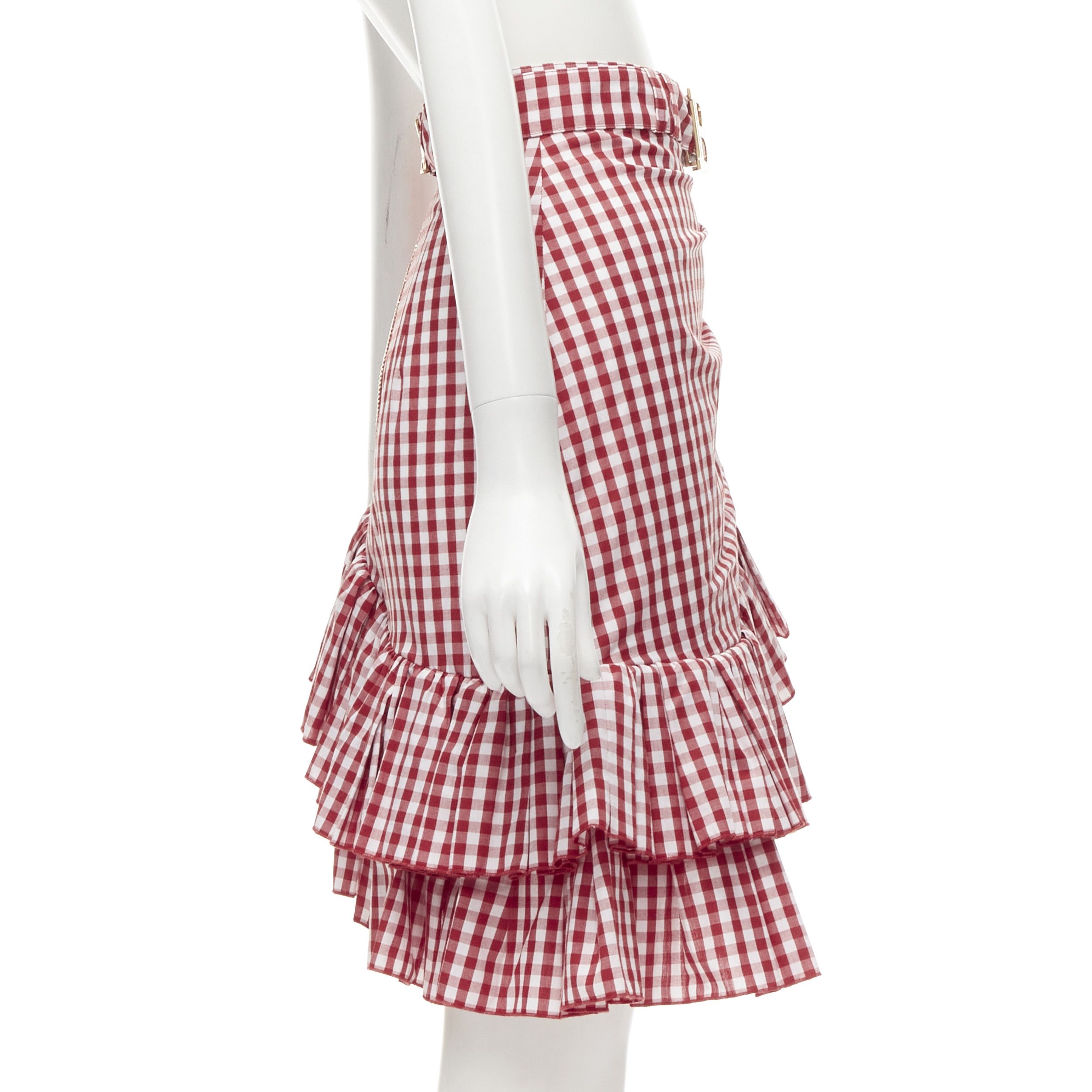 BALMAIN B logo buckle red white gingham ruffled cottage skirt FR34 XS Midi Skirts
