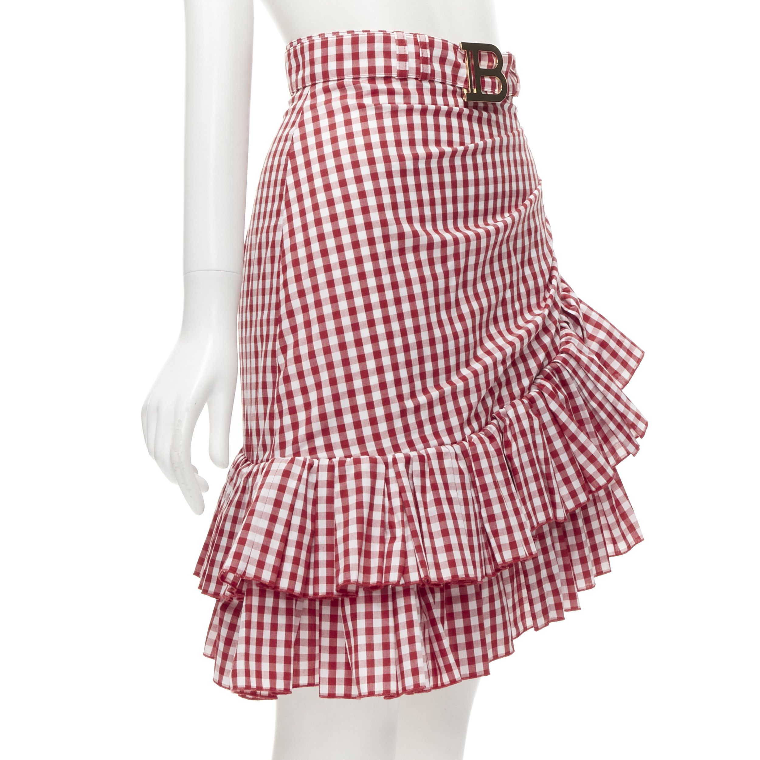 BALMAIN B logo buckle red white gingham ruffled cottage skirt FR34 XS Midi Skirts