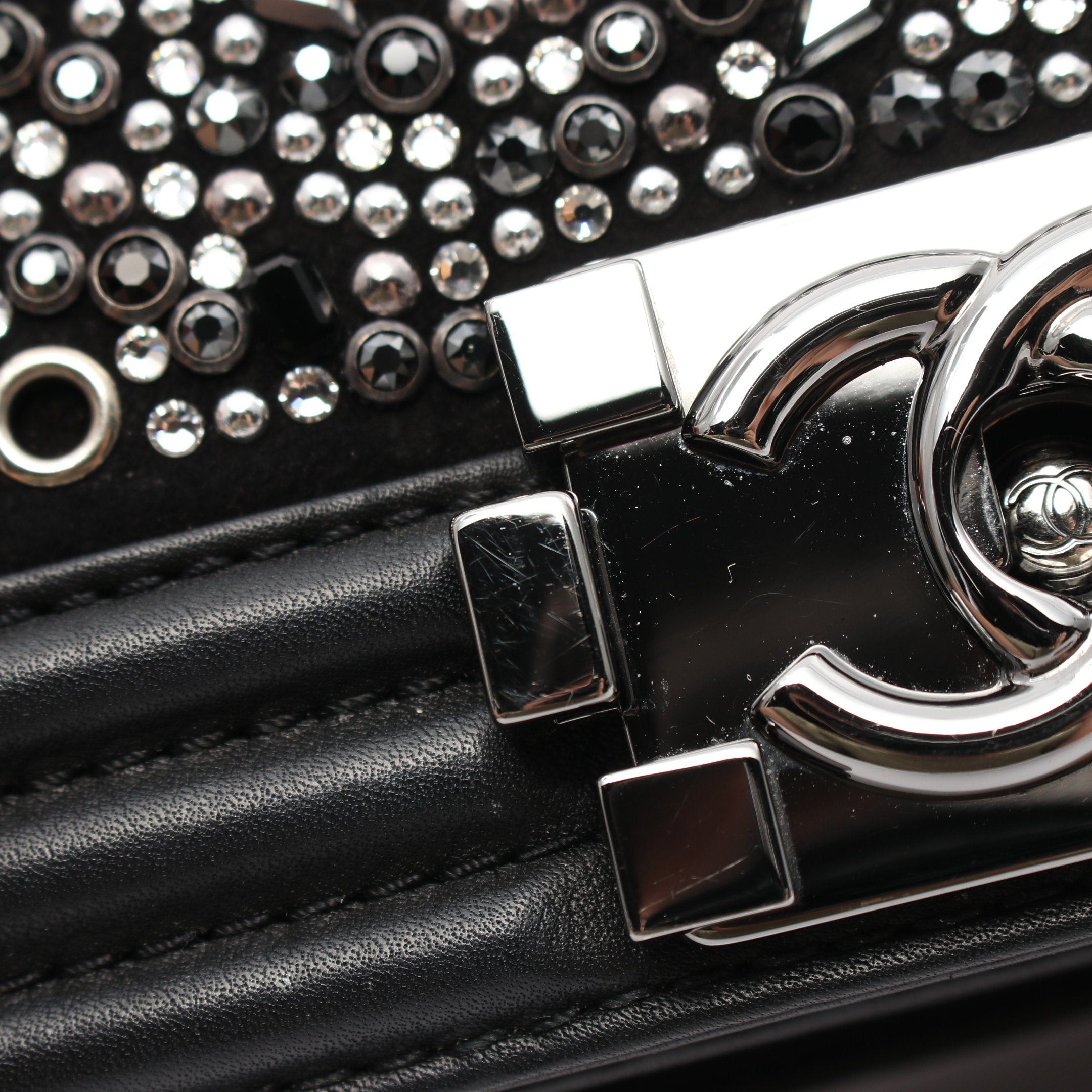 Chanel Chanel Boy Chanel Matelasse Chain Shoulder Bag Studs Rhinestone Leather Black Silver Hardware Size ONE SIZE - 9 Thumbnail