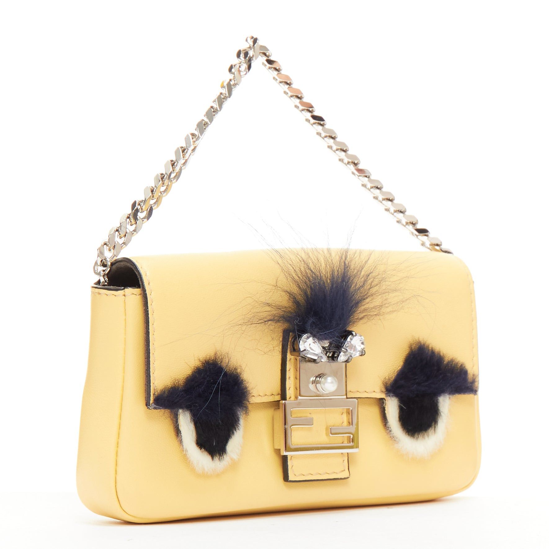 FENDI Micro Baguette butter yellow black fur eye leather top
