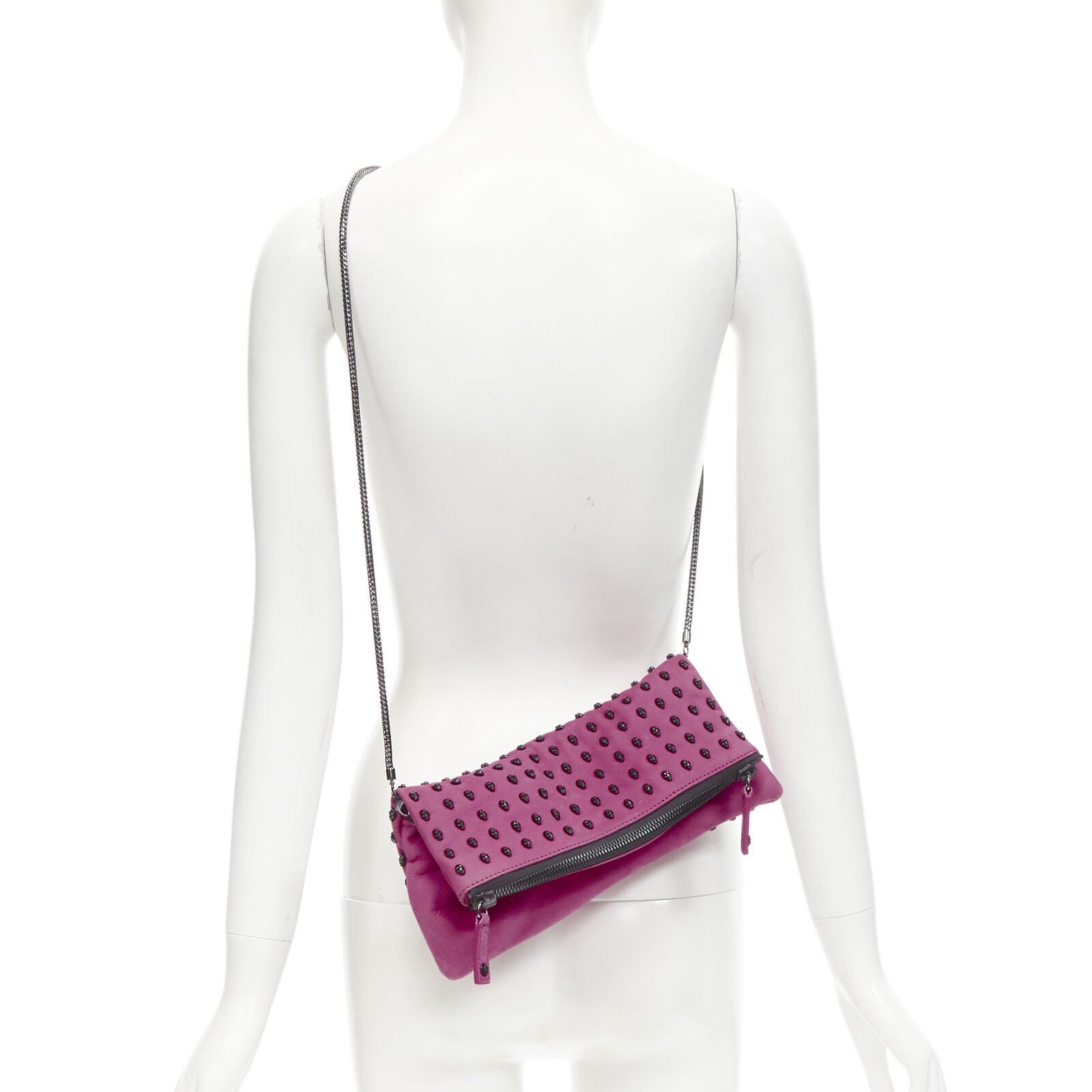 Thomas Wylde THOMAS WYLDE pink suede ruthenium skull studded foldover ...