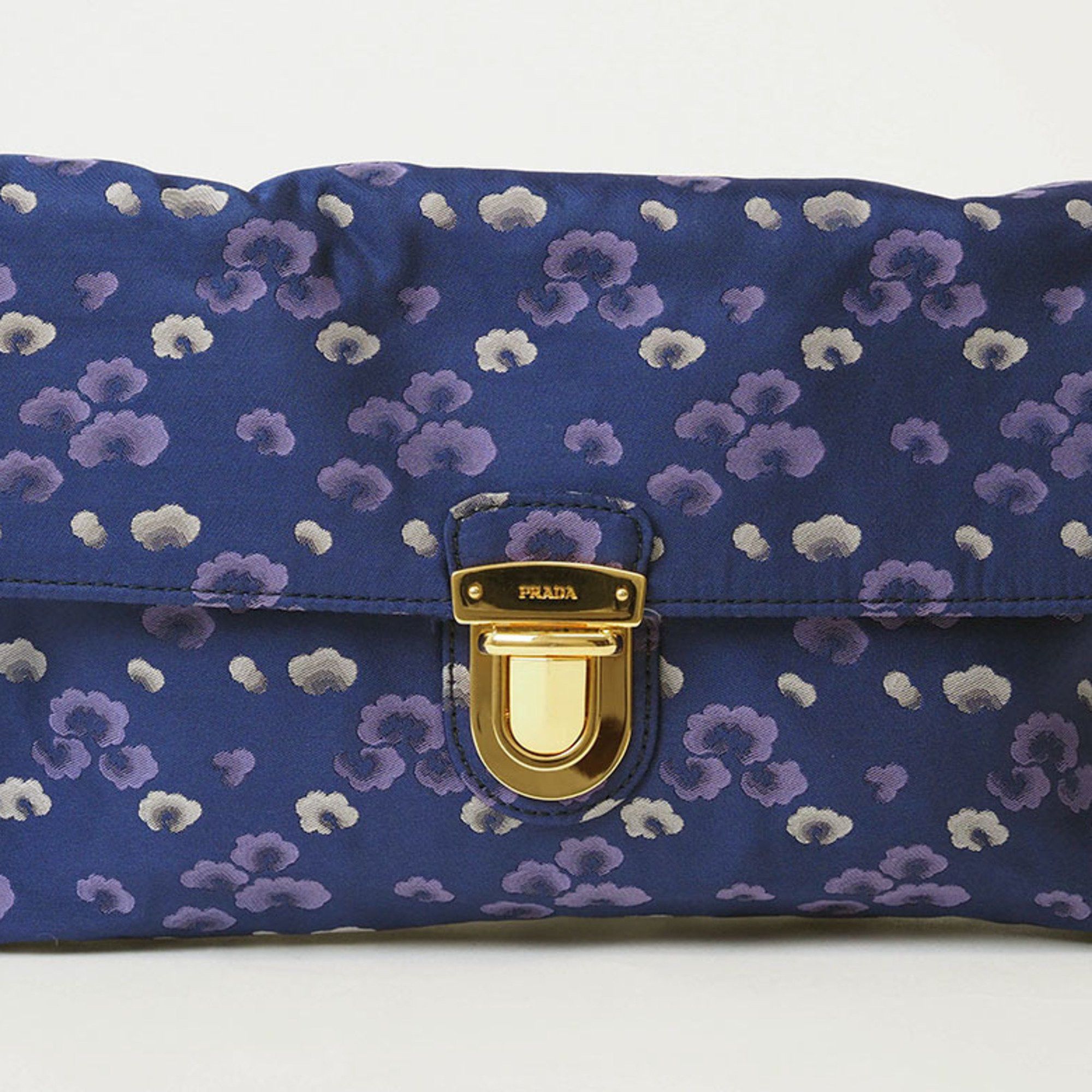 Prada Prada Nylon Chain Shoulder Bag Navy BP0584 Women's Flower Print Crossbody Satin PRADA Size ONE SIZE - 3 Thumbnail