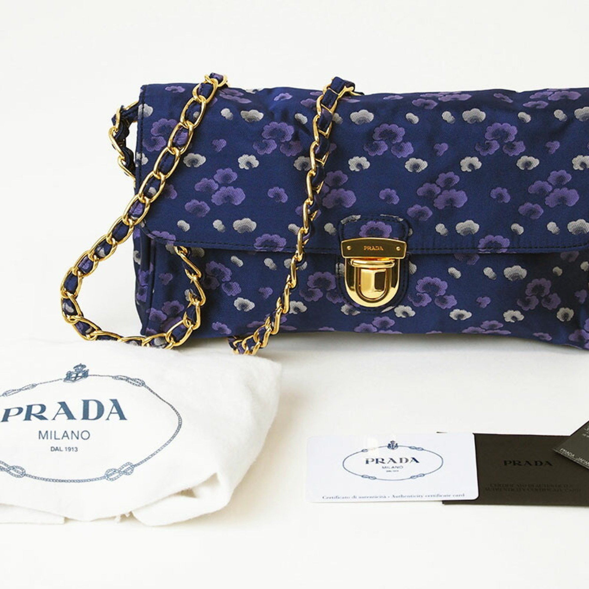 Prada Prada Nylon Chain Shoulder Bag Navy BP0584 Women's Flower Print Crossbody Satin PRADA Size ONE SIZE - 10 Thumbnail