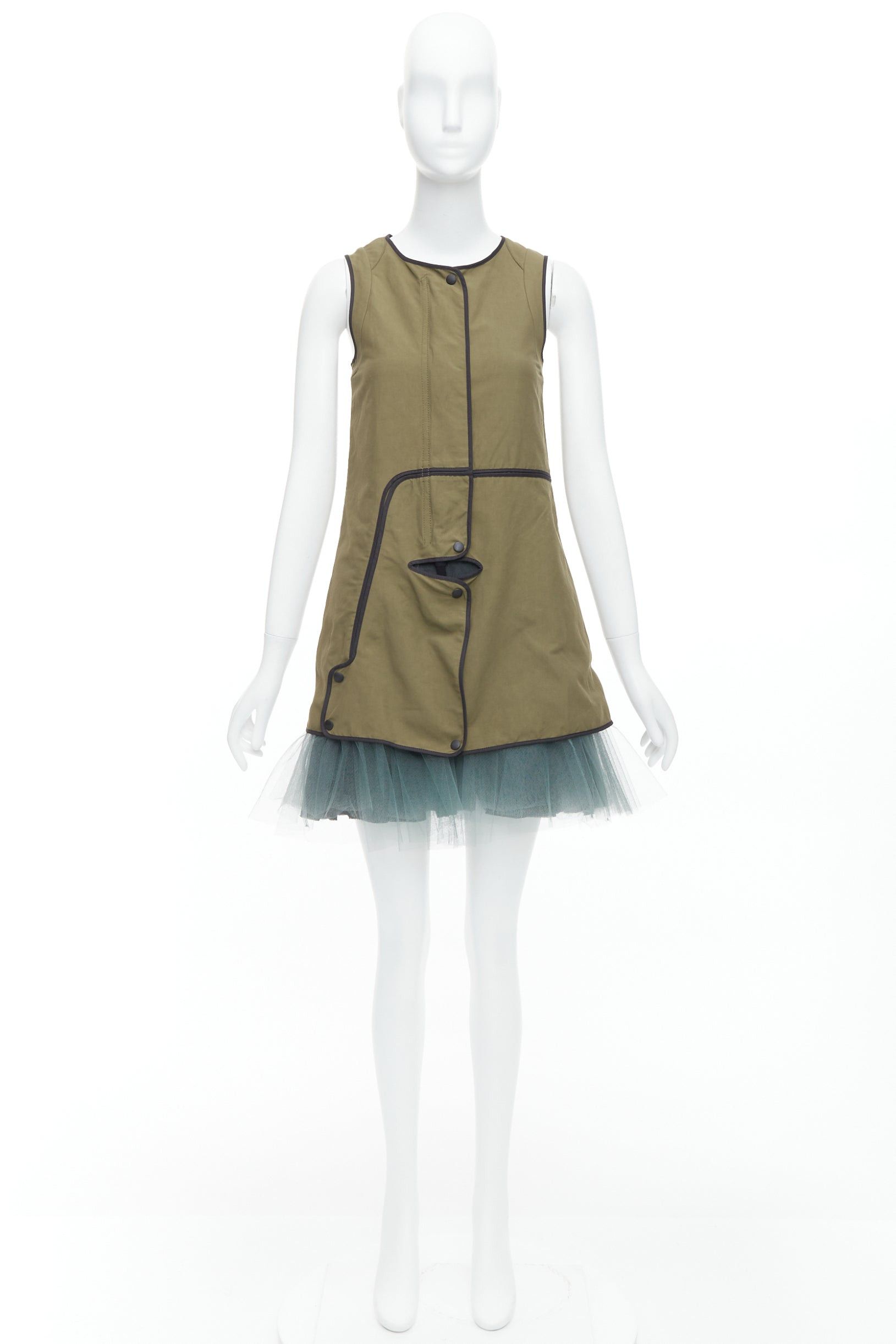 MARNI 2011 khaki utility cutout vest green tulle hem mini dress