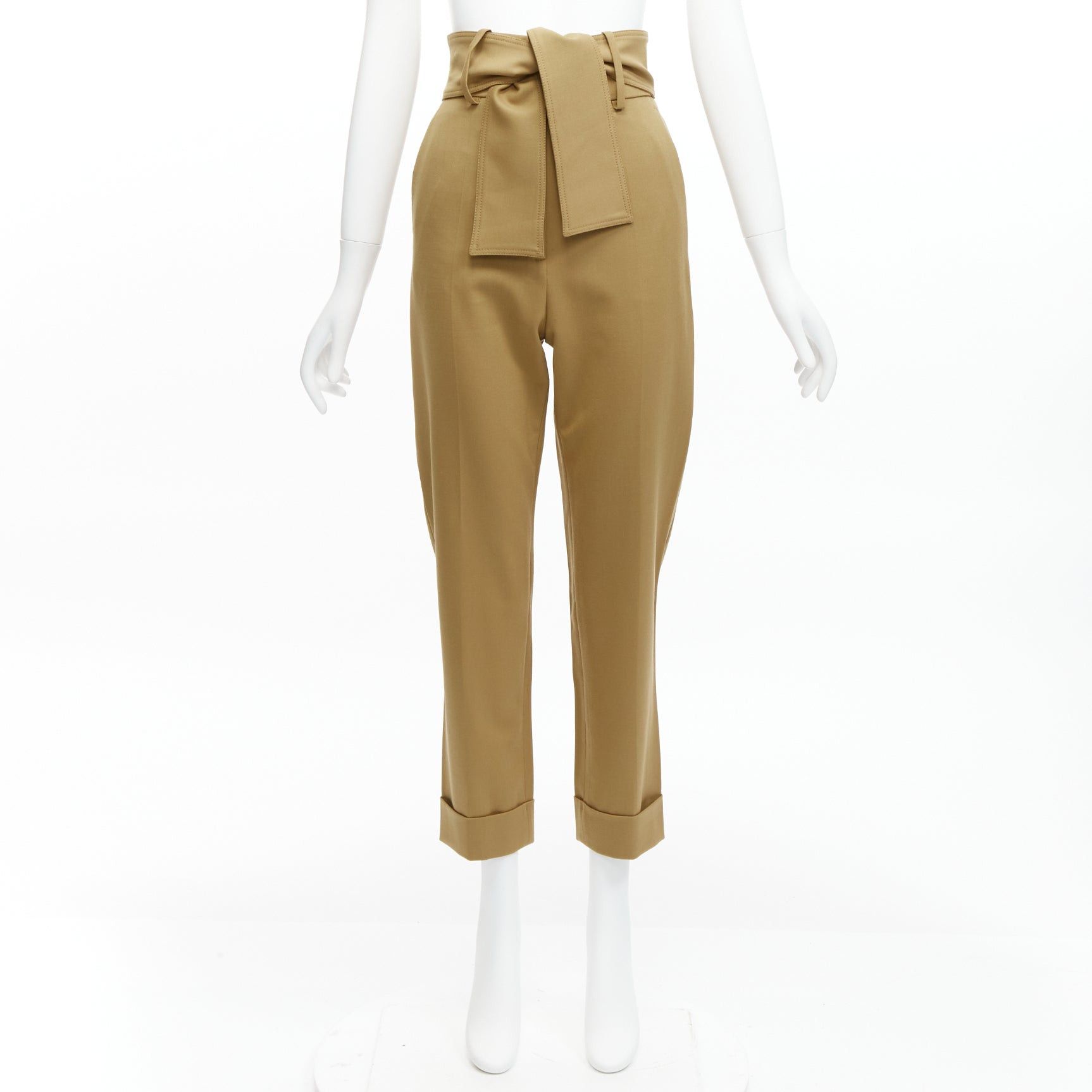 SARA BATTAGLIA khaki wool blend high waisted tie belt cuffed