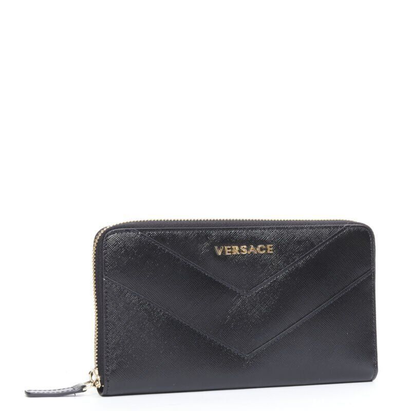 new VERSACE black saffiano leather gold logo V stitch continental