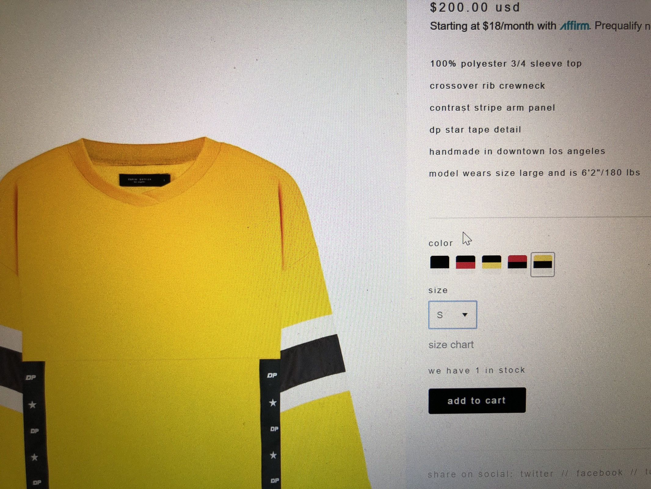 3/4 sleeve jersey in yellow/black/ivory by daniel patrick