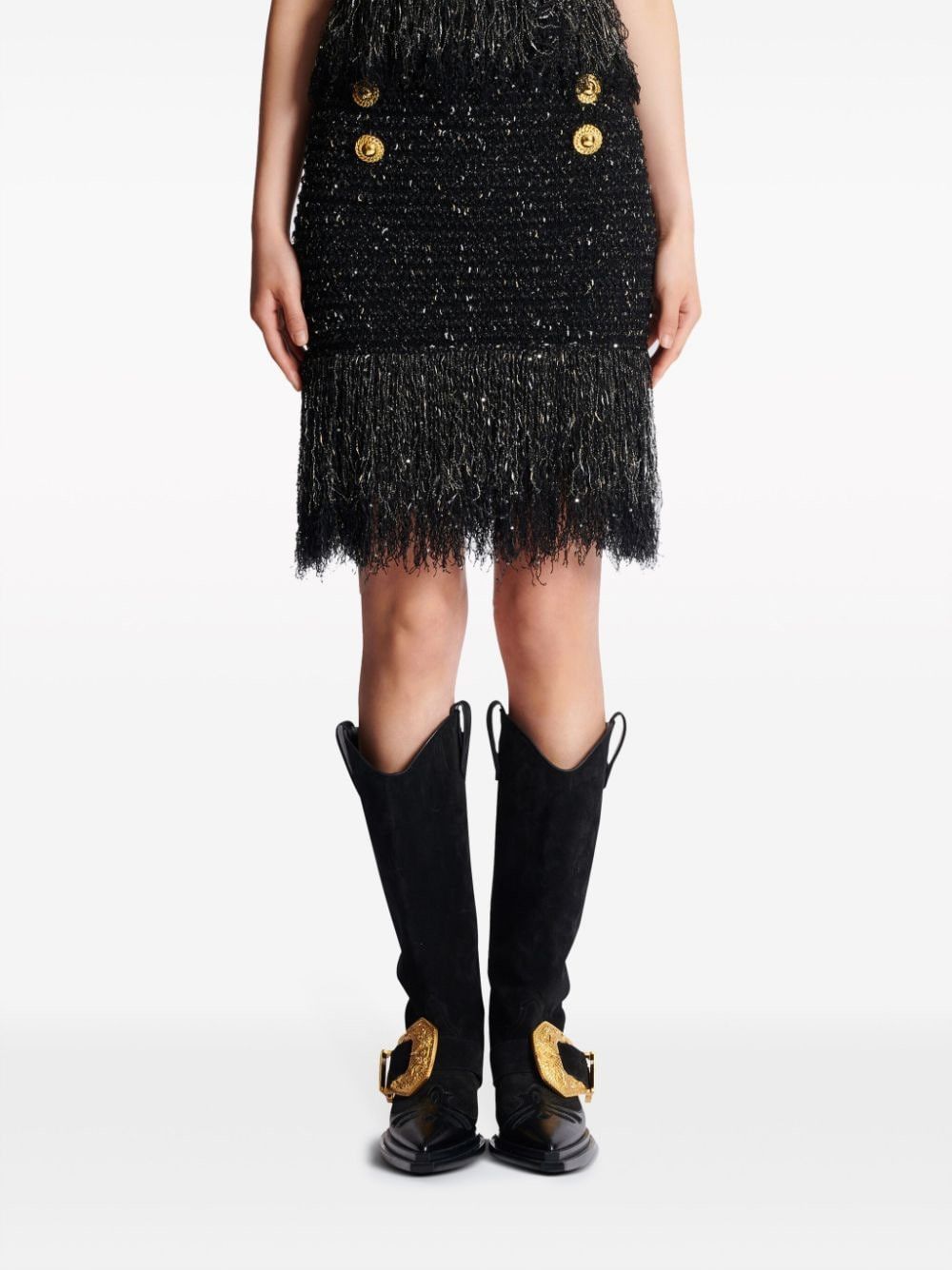 Balmain BUTTONED FRINGED TWEED SHORT SKIRT Size 27" / US 4 / IT 40 - 5 Thumbnail