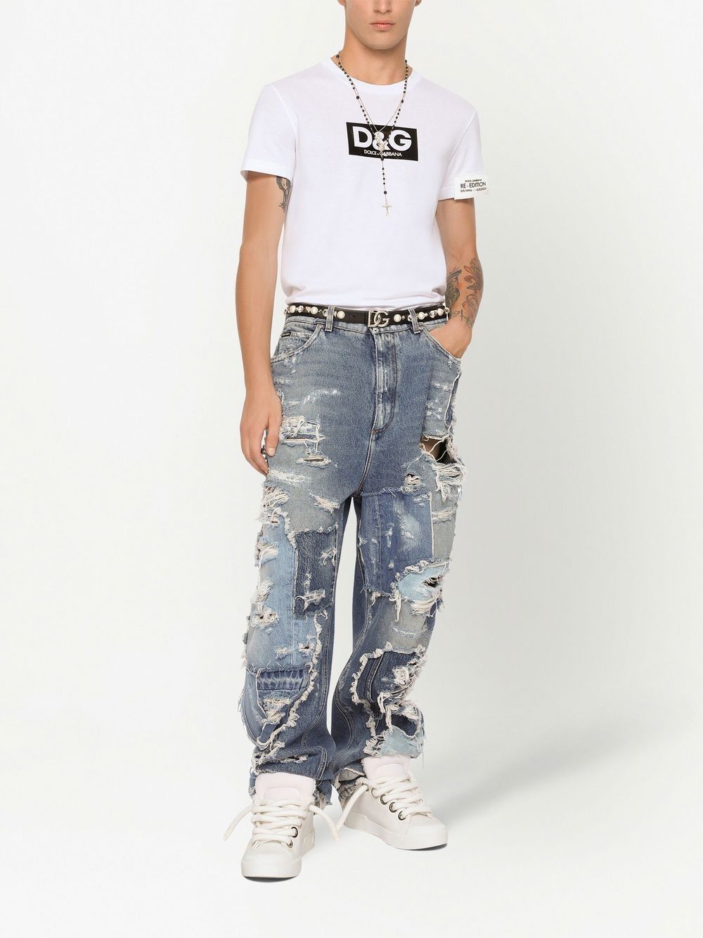 Dolce & Gabbana COTTON T-SHIRT WITH RE-EDITION LOGO PATCH Size US S / EU 44-46 / 1 - 3 Thumbnail