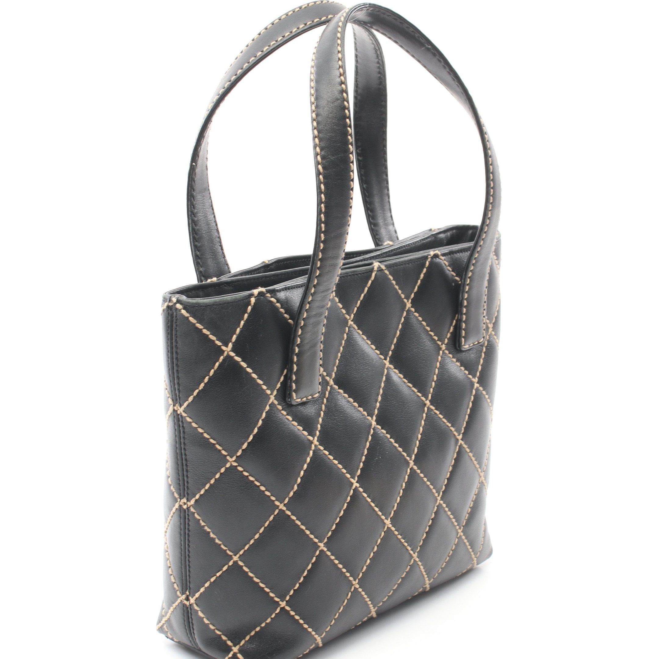 Chanel Wild Stitch Handbag Tote Bag Leather Black Gold Hardware